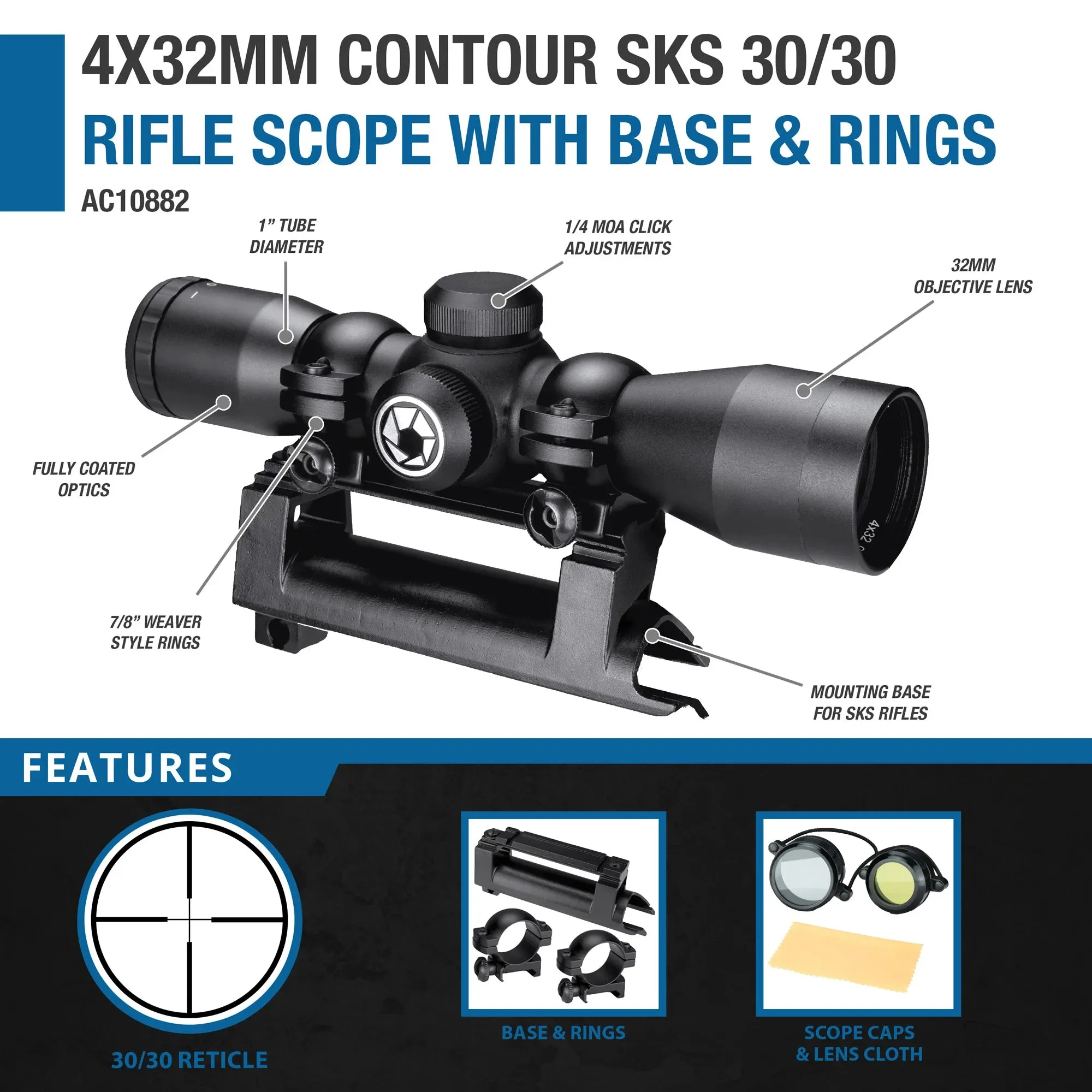 4x32mm Contour SKS 30/30 Rifle Scope with Base and Rings | AC10882