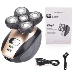 5 In 1 4D Men's Rechargeable Bald Head Electric Shaver 5 Floating Heads Beard Nose Ear Hair Trimmer Razor Clipper Facial Brush