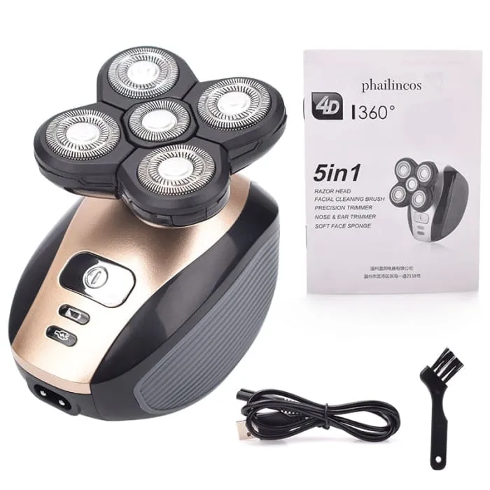 5 In 1 4D Men's Rechargeable Bald Head Electric Shaver 5 Floating Heads Beard Nose Ear Hair Trimmer Razor Clipper Facial Brush