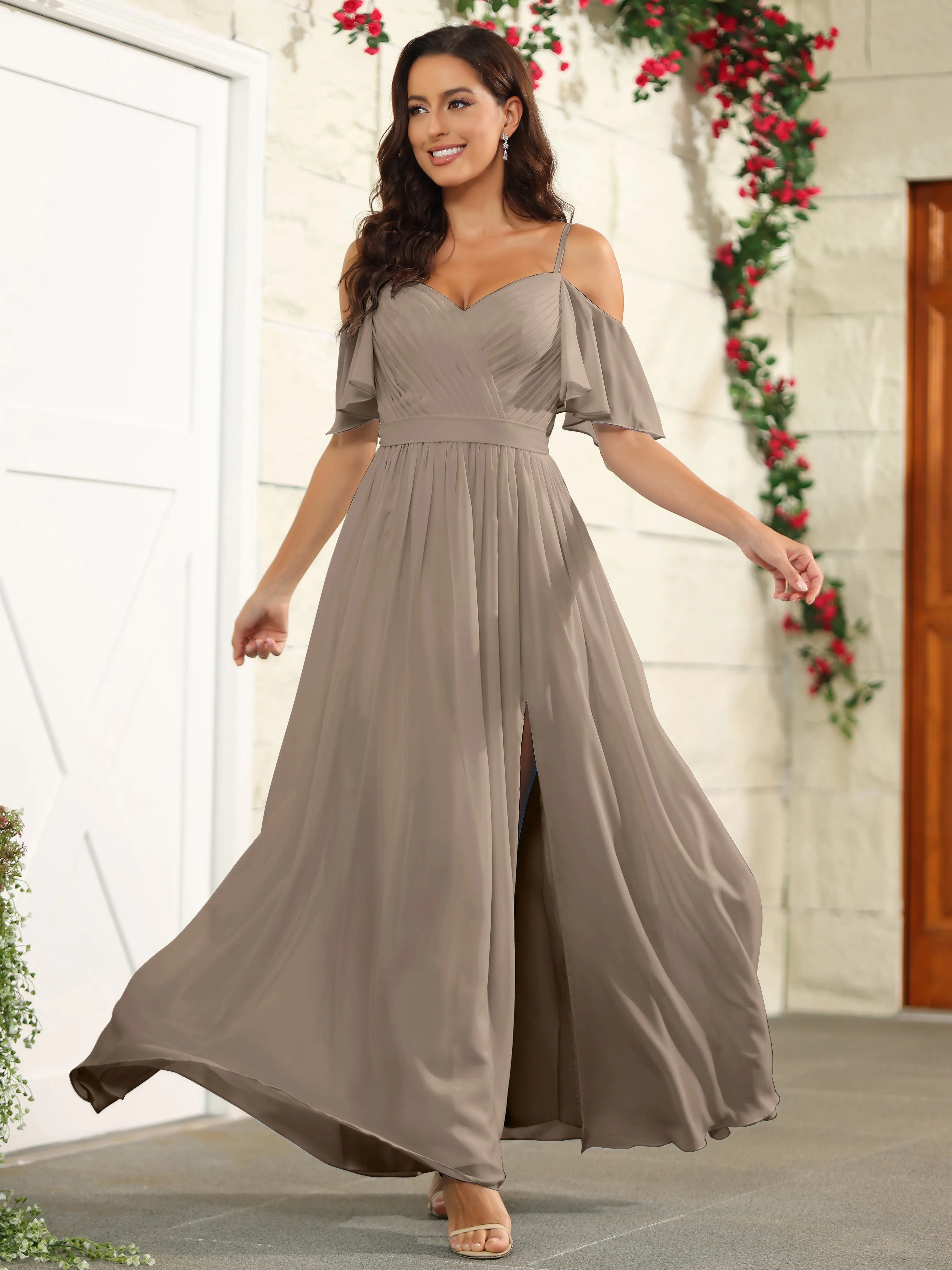 A Line Off The Shoulder Chiffon Long Bridesmaid Dress with Slit