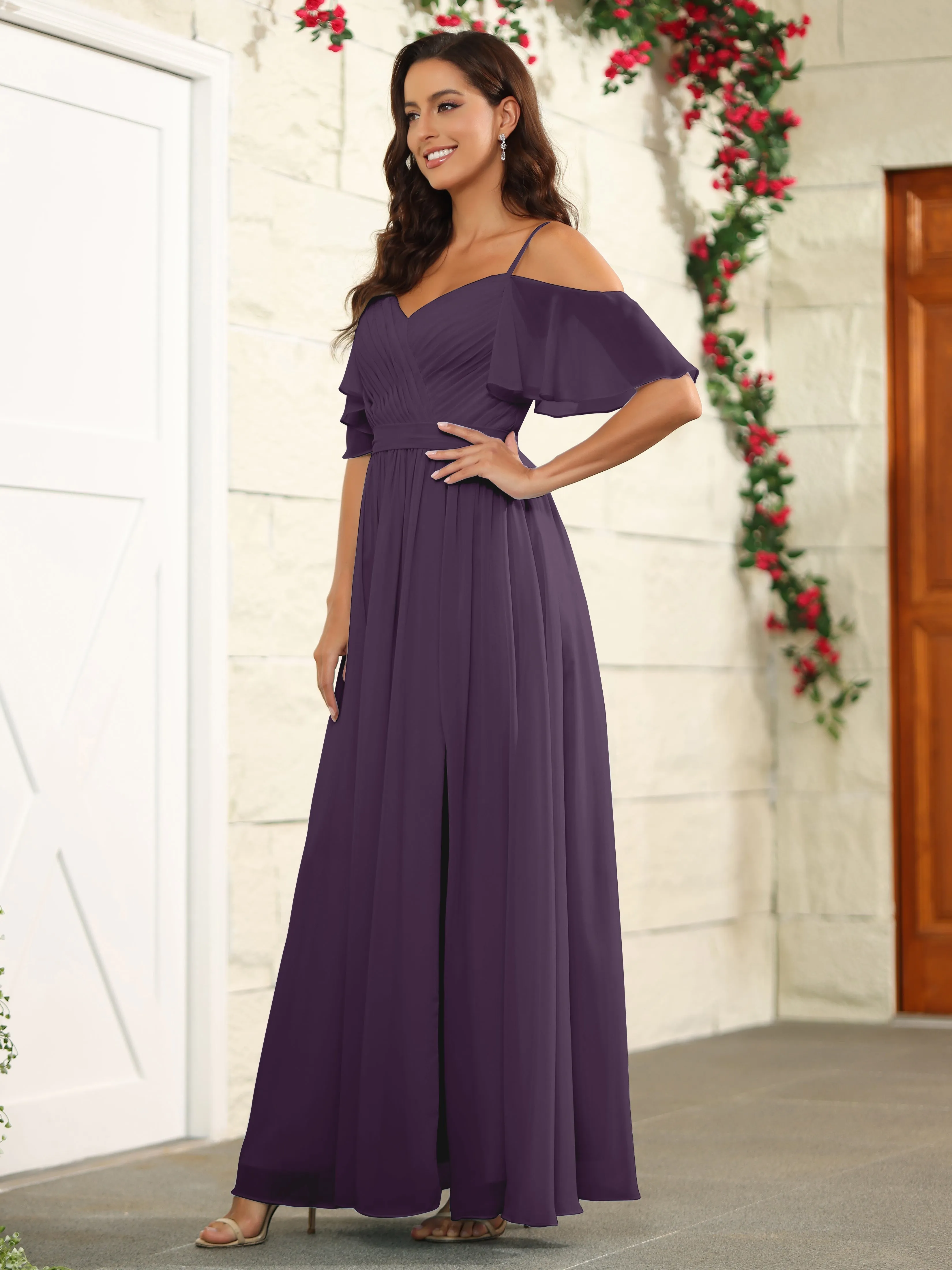 A Line Off The Shoulder Chiffon Long Bridesmaid Dress with Slit