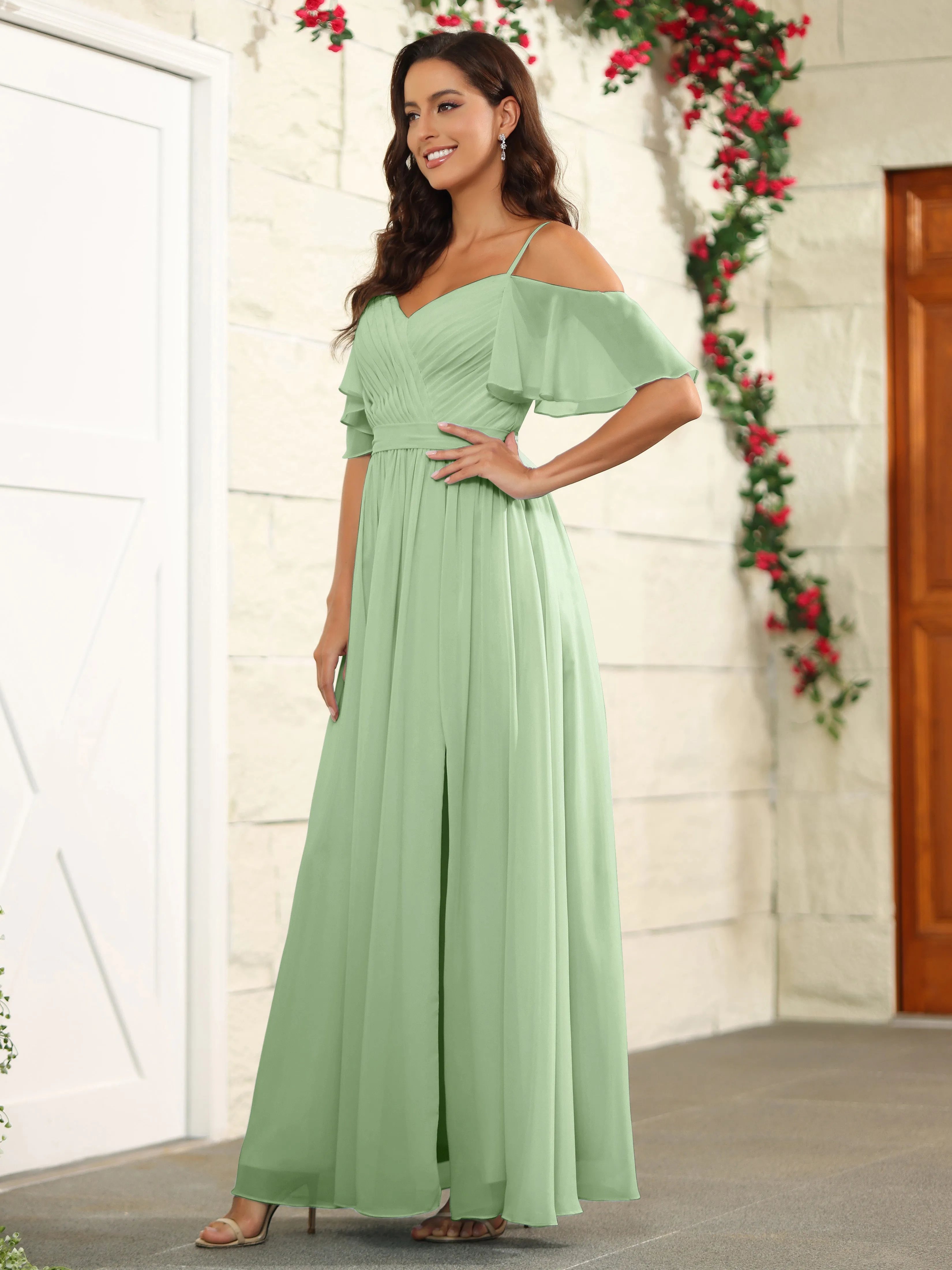 A Line Off The Shoulder Chiffon Long Bridesmaid Dress with Slit