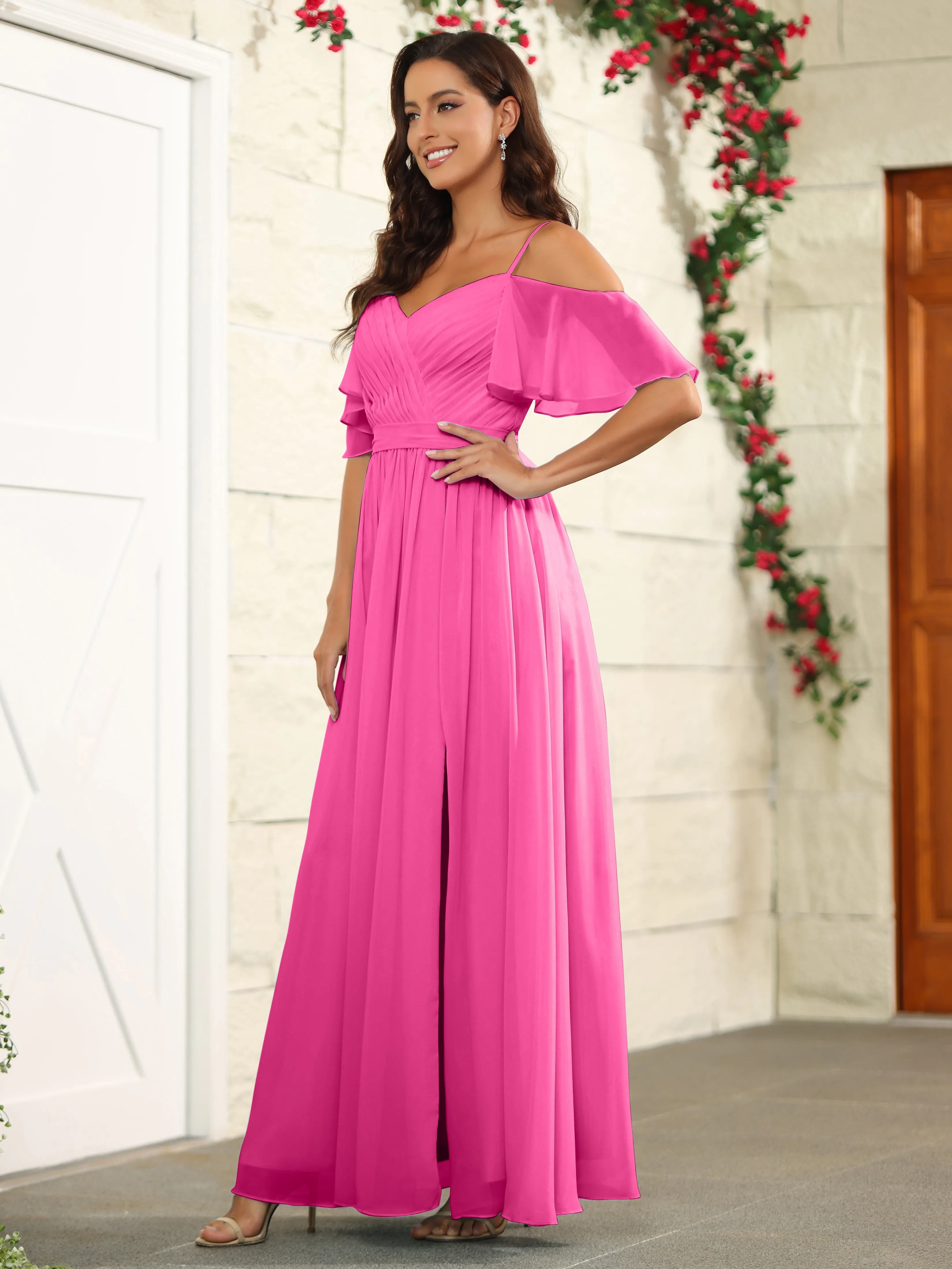 A Line Off The Shoulder Chiffon Long Bridesmaid Dress with Slit