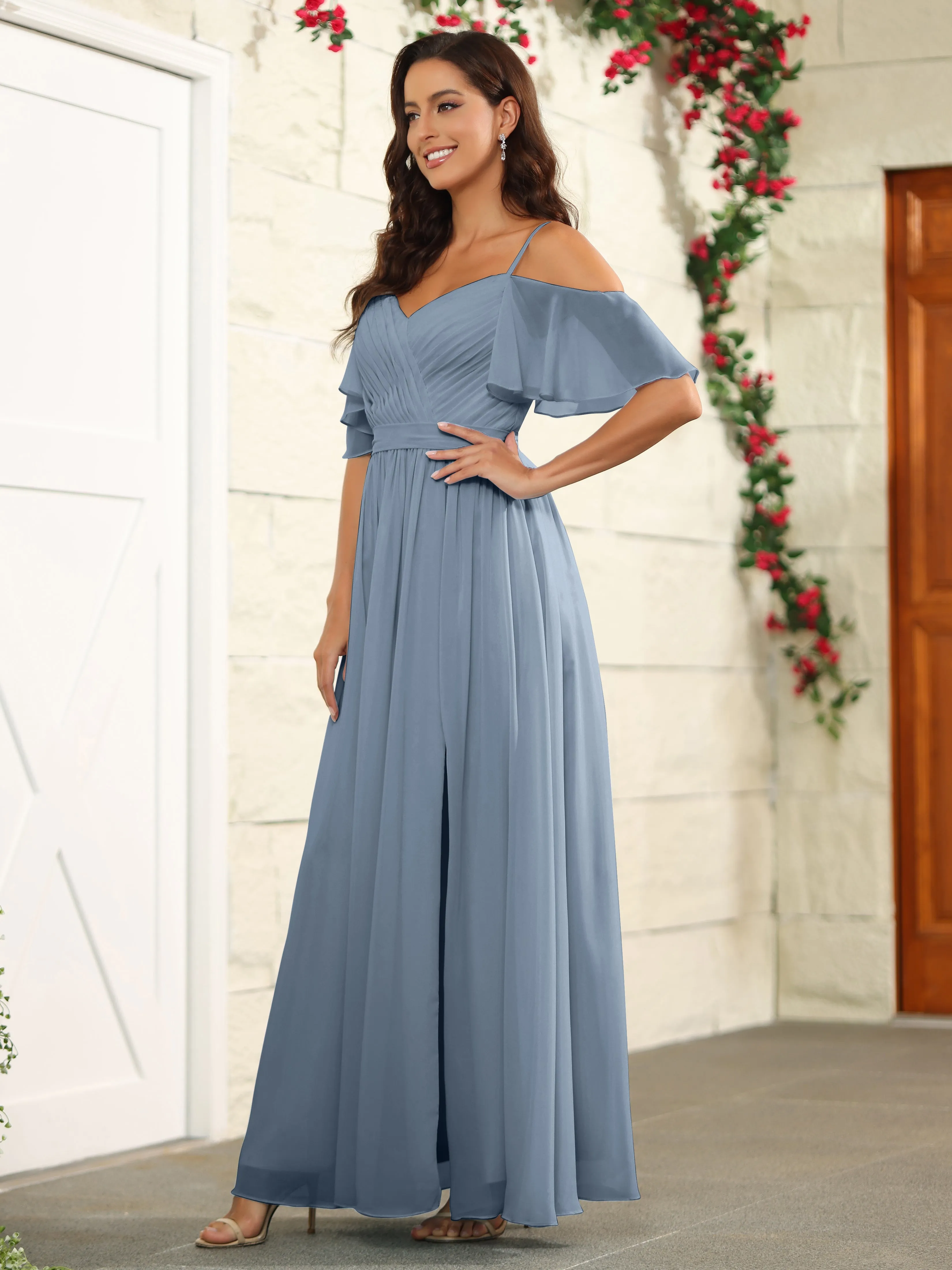 A Line Off The Shoulder Chiffon Long Bridesmaid Dress with Slit