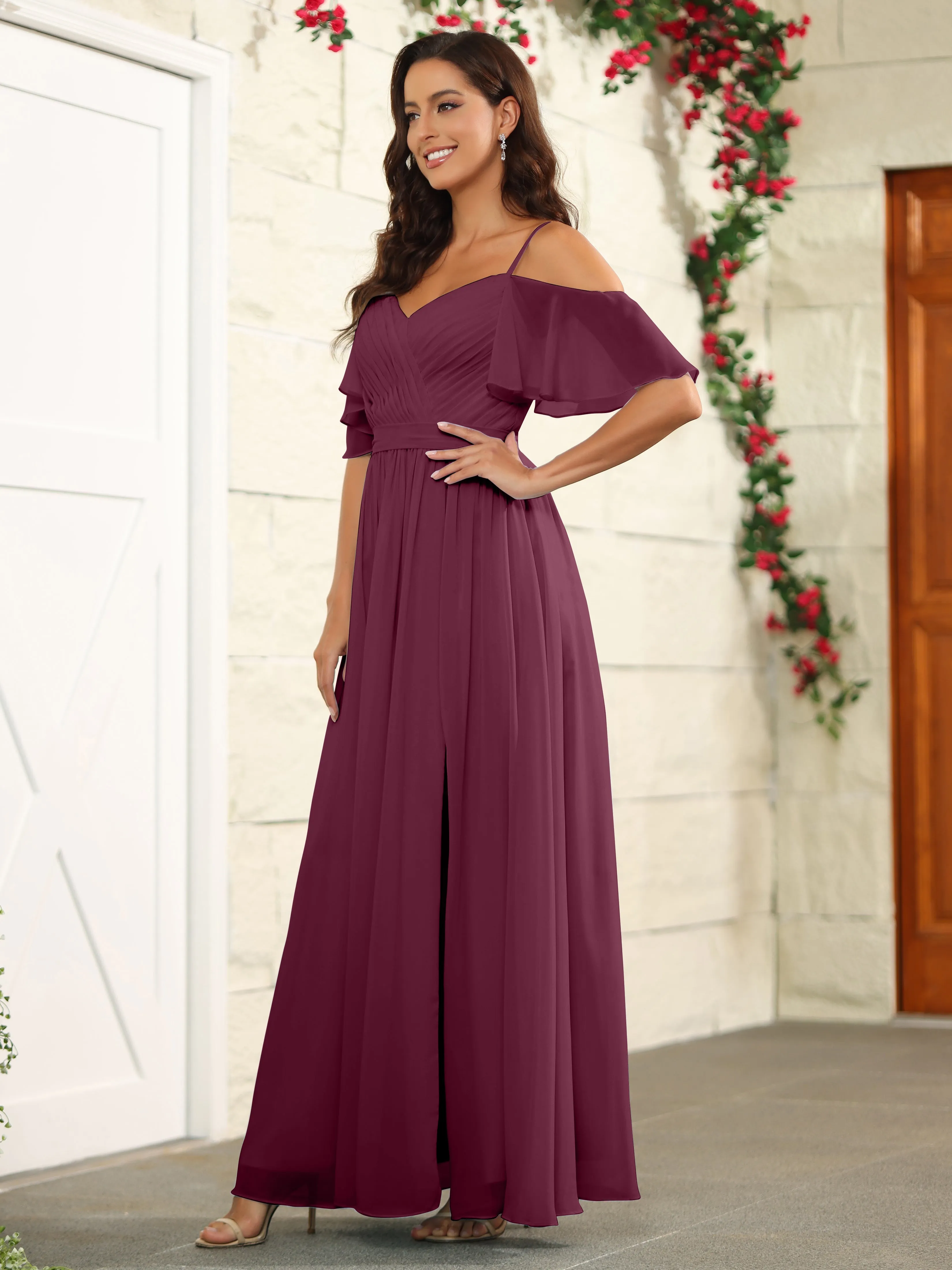 A Line Off The Shoulder Chiffon Long Bridesmaid Dress with Slit