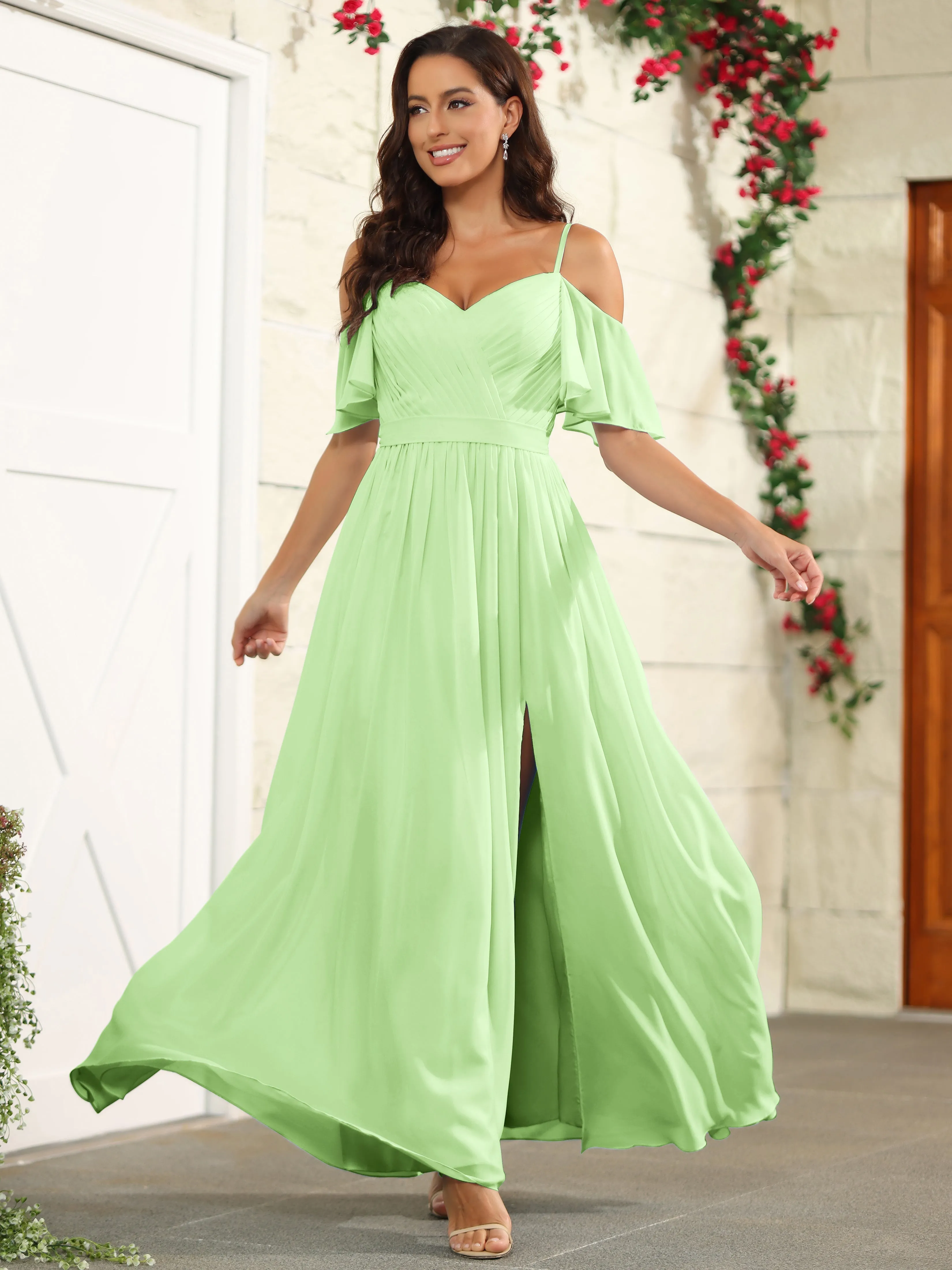 A Line Off The Shoulder Chiffon Long Bridesmaid Dress with Slit