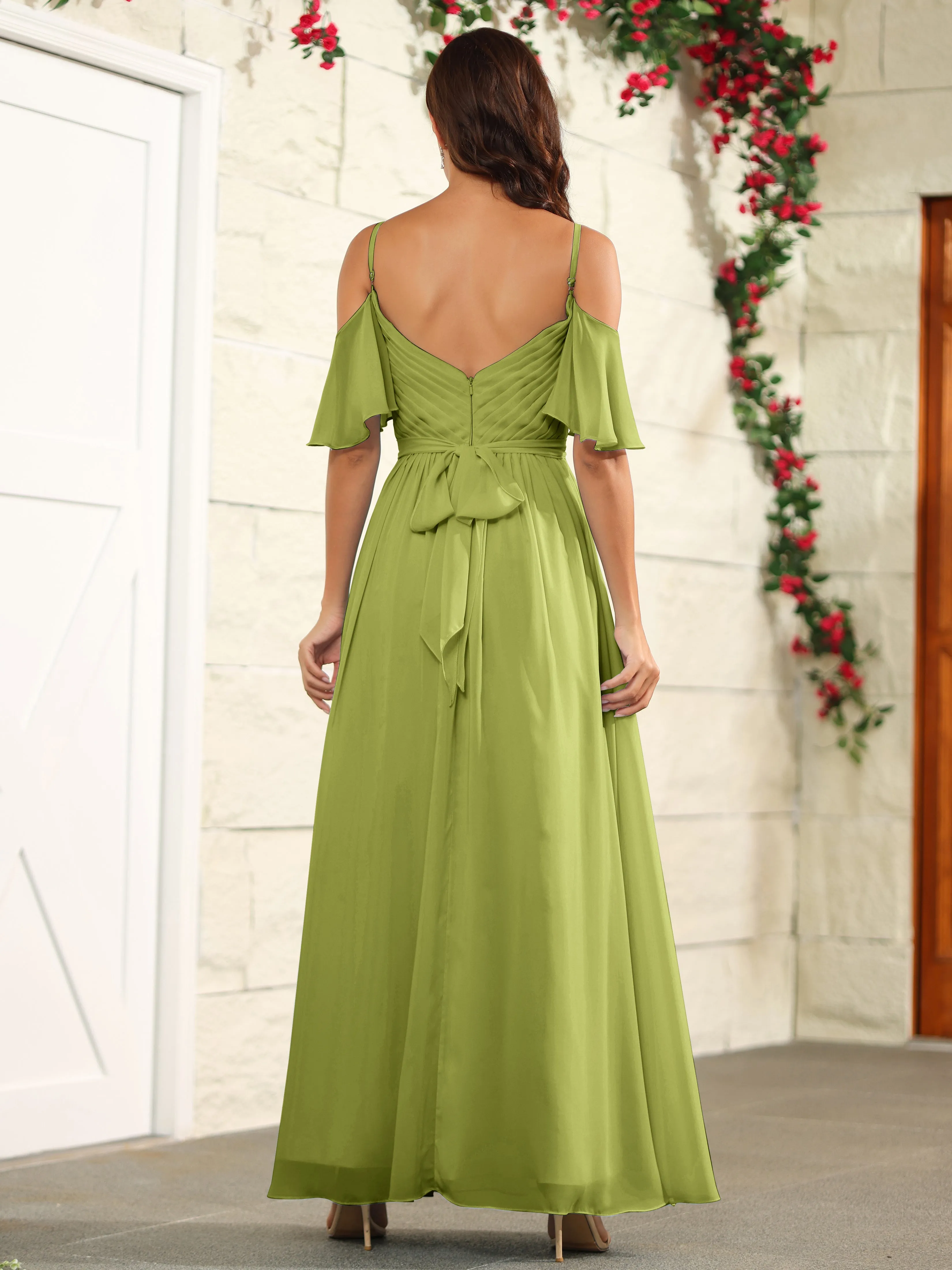 A Line Off The Shoulder Chiffon Long Bridesmaid Dress with Slit