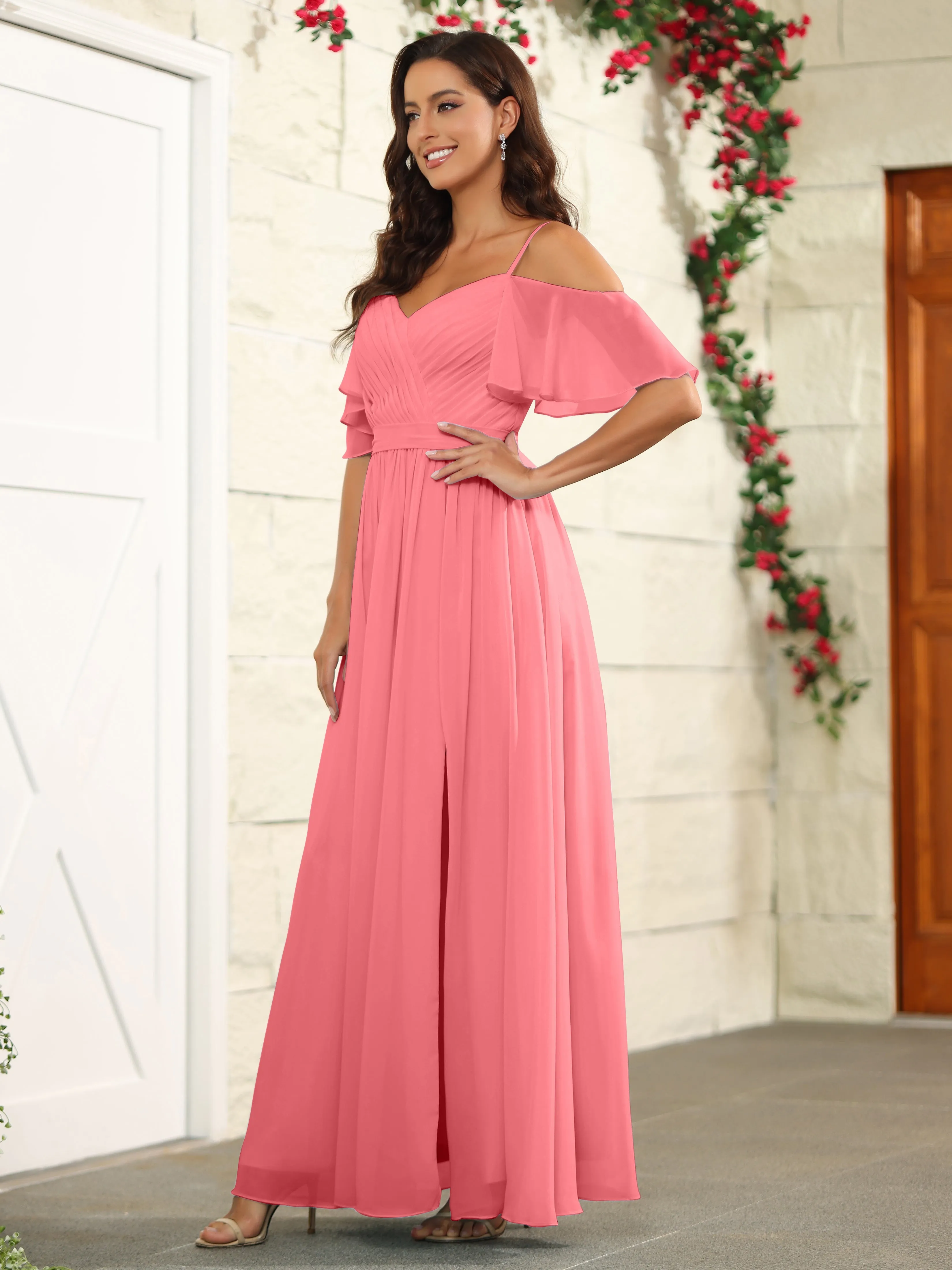 A Line Off The Shoulder Chiffon Long Bridesmaid Dress with Slit