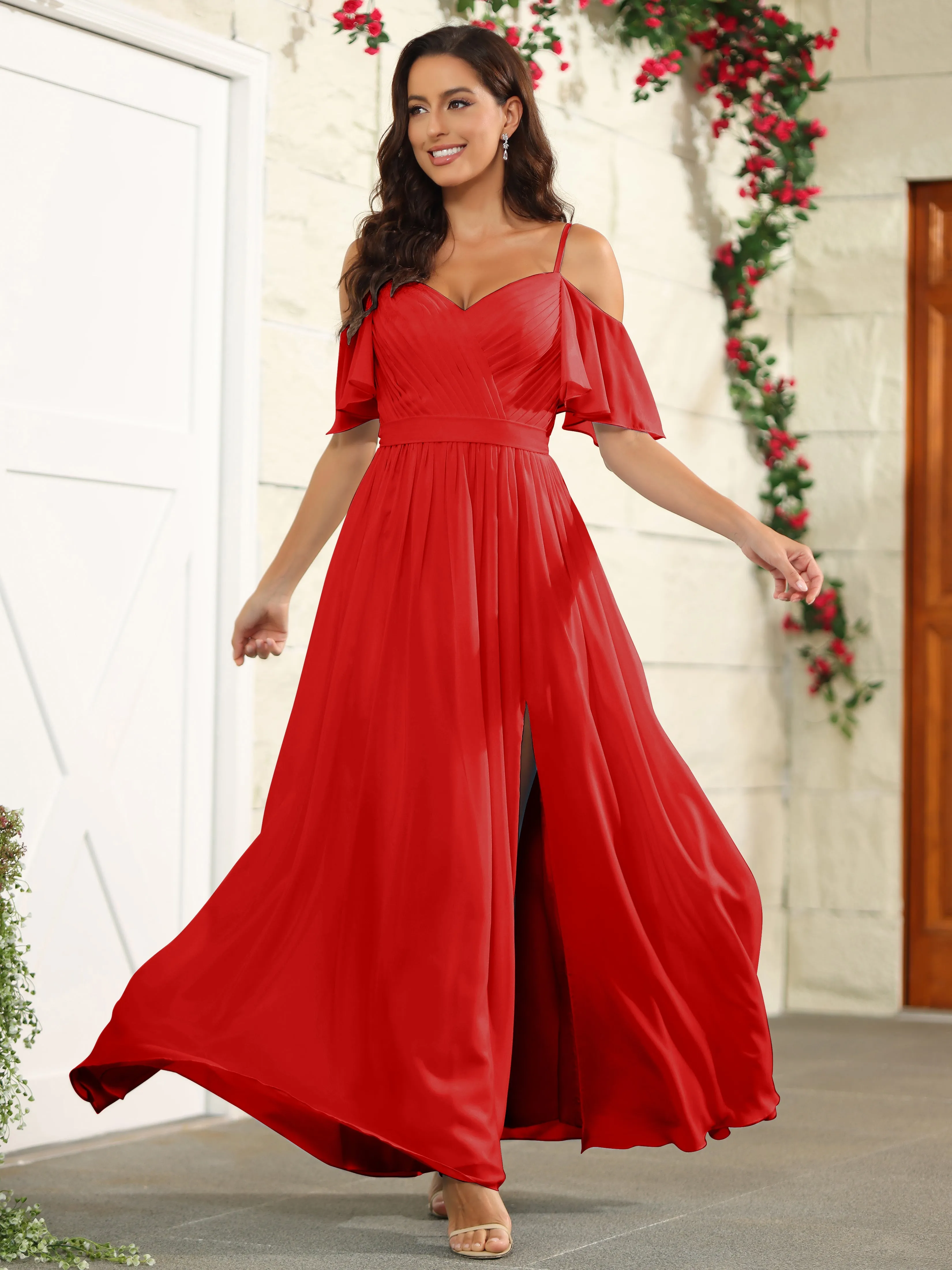 A Line Off The Shoulder Chiffon Long Bridesmaid Dress with Slit