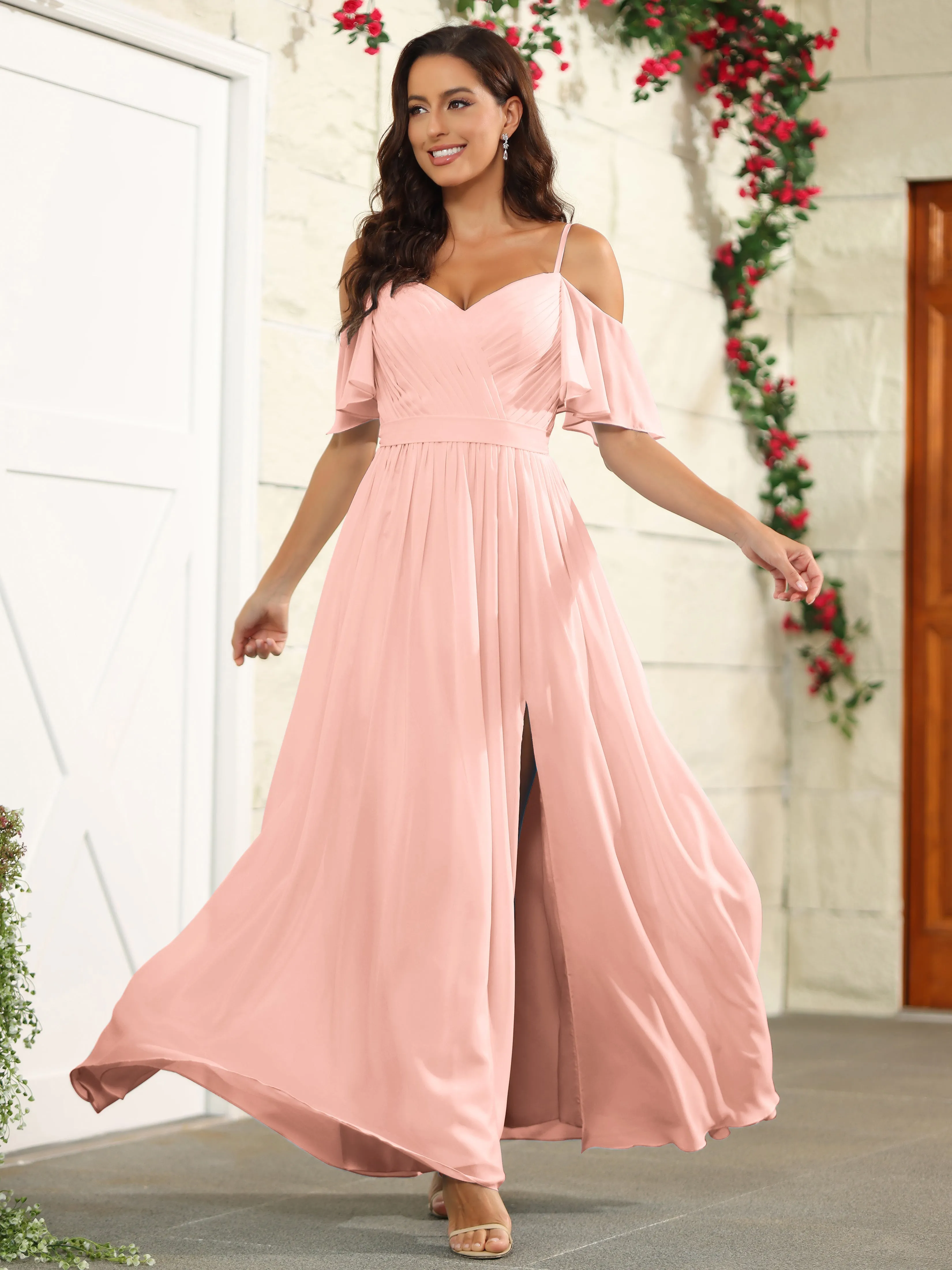 A Line Off The Shoulder Chiffon Long Bridesmaid Dress with Slit