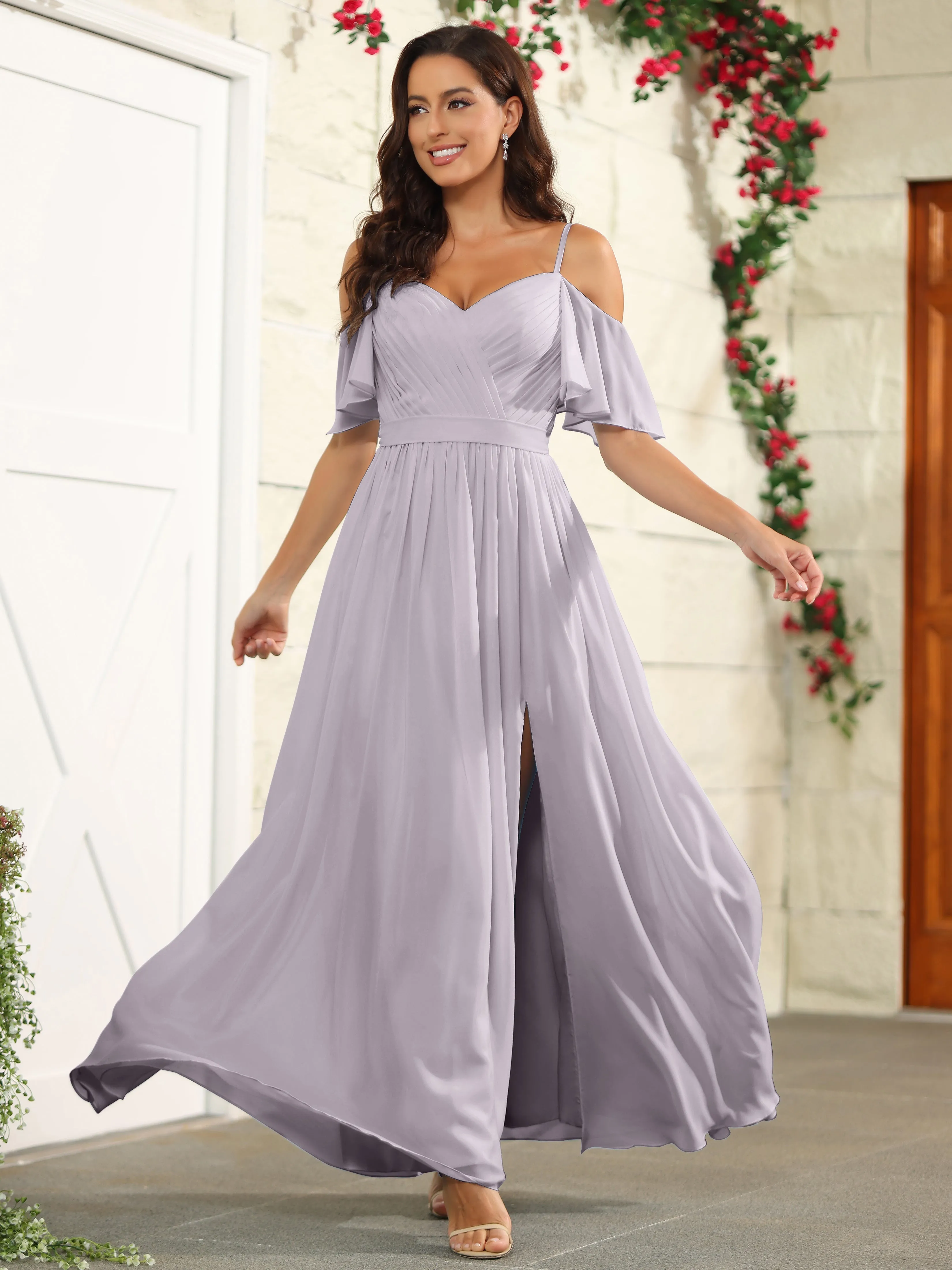 A Line Off The Shoulder Chiffon Long Bridesmaid Dress with Slit
