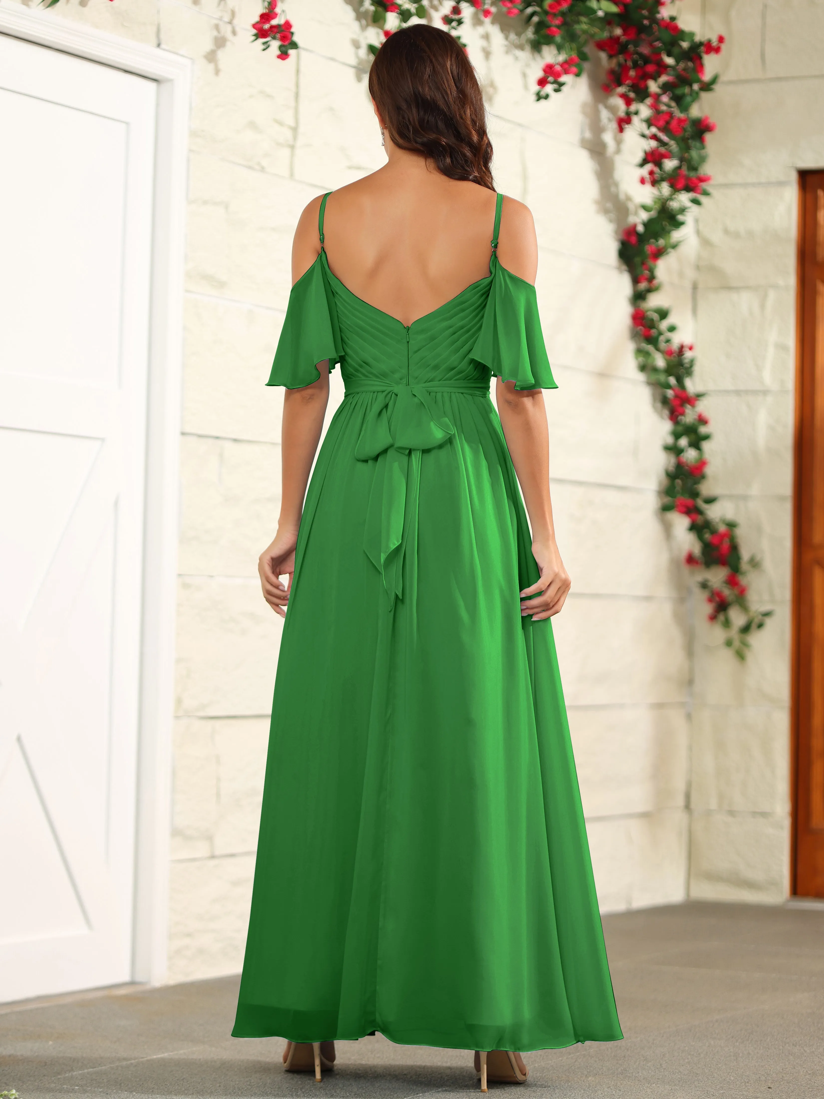 A Line Off The Shoulder Chiffon Long Bridesmaid Dress with Slit