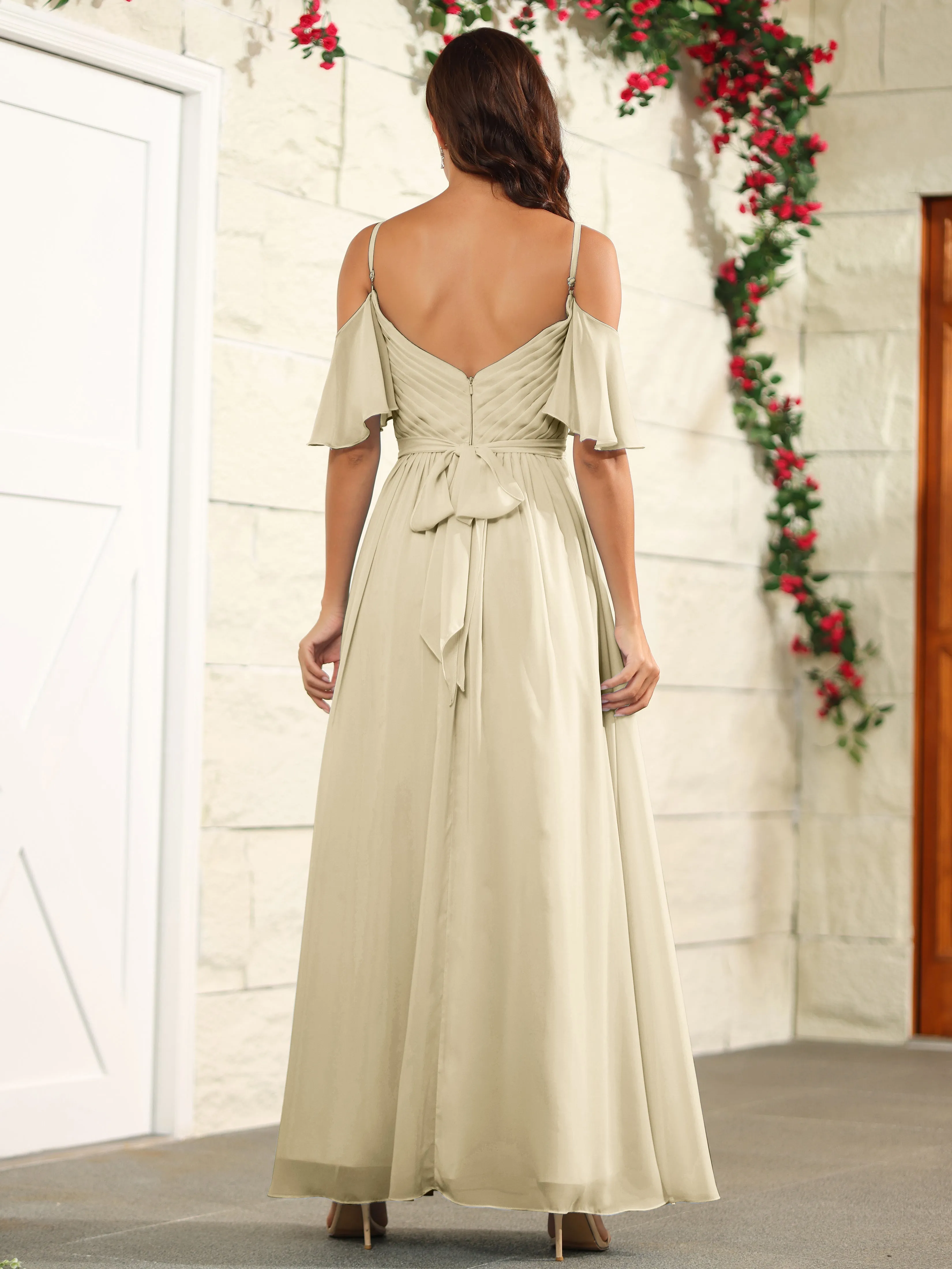 A Line Off The Shoulder Chiffon Long Bridesmaid Dress with Slit