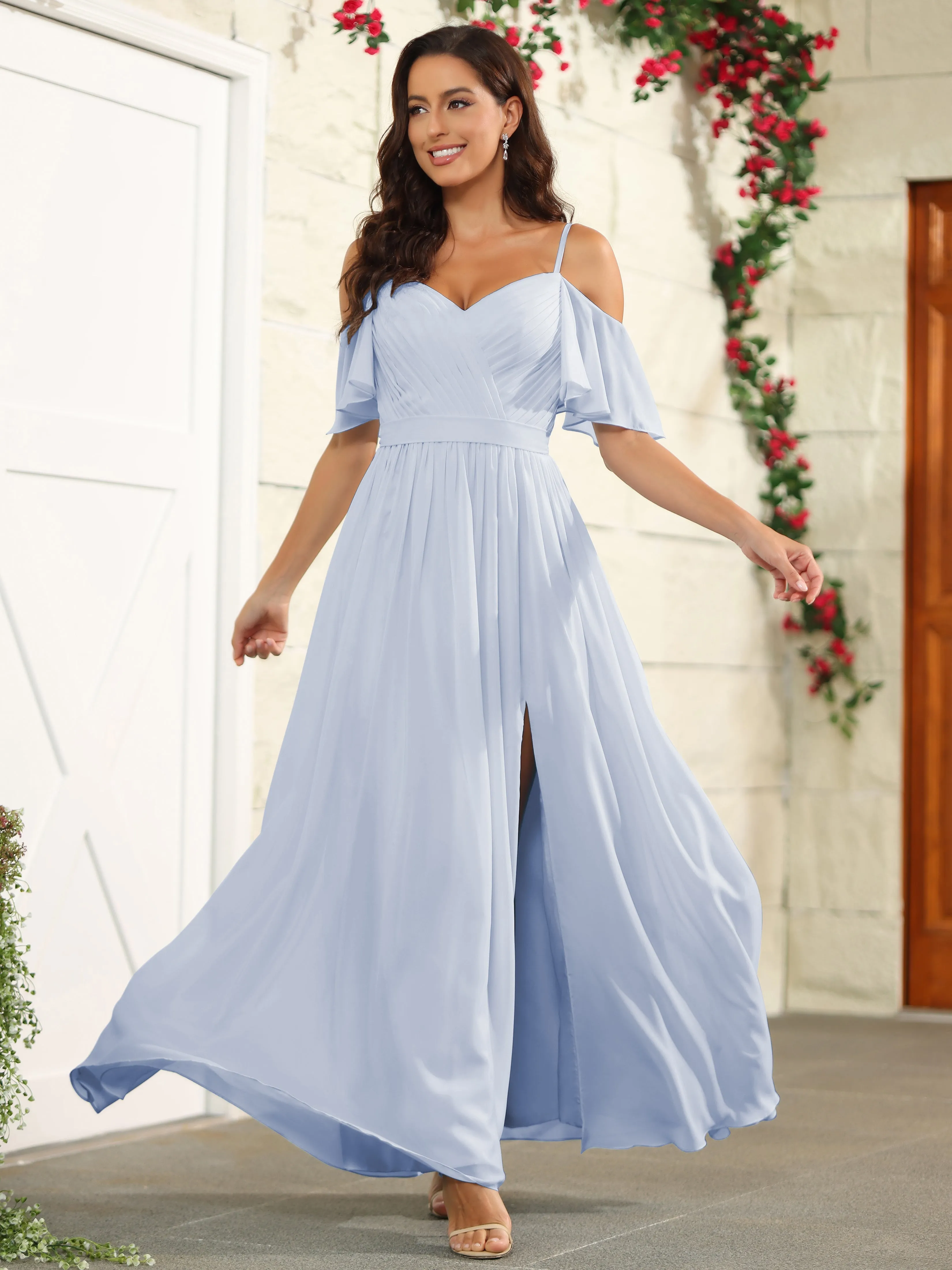 A Line Off The Shoulder Chiffon Long Bridesmaid Dress with Slit