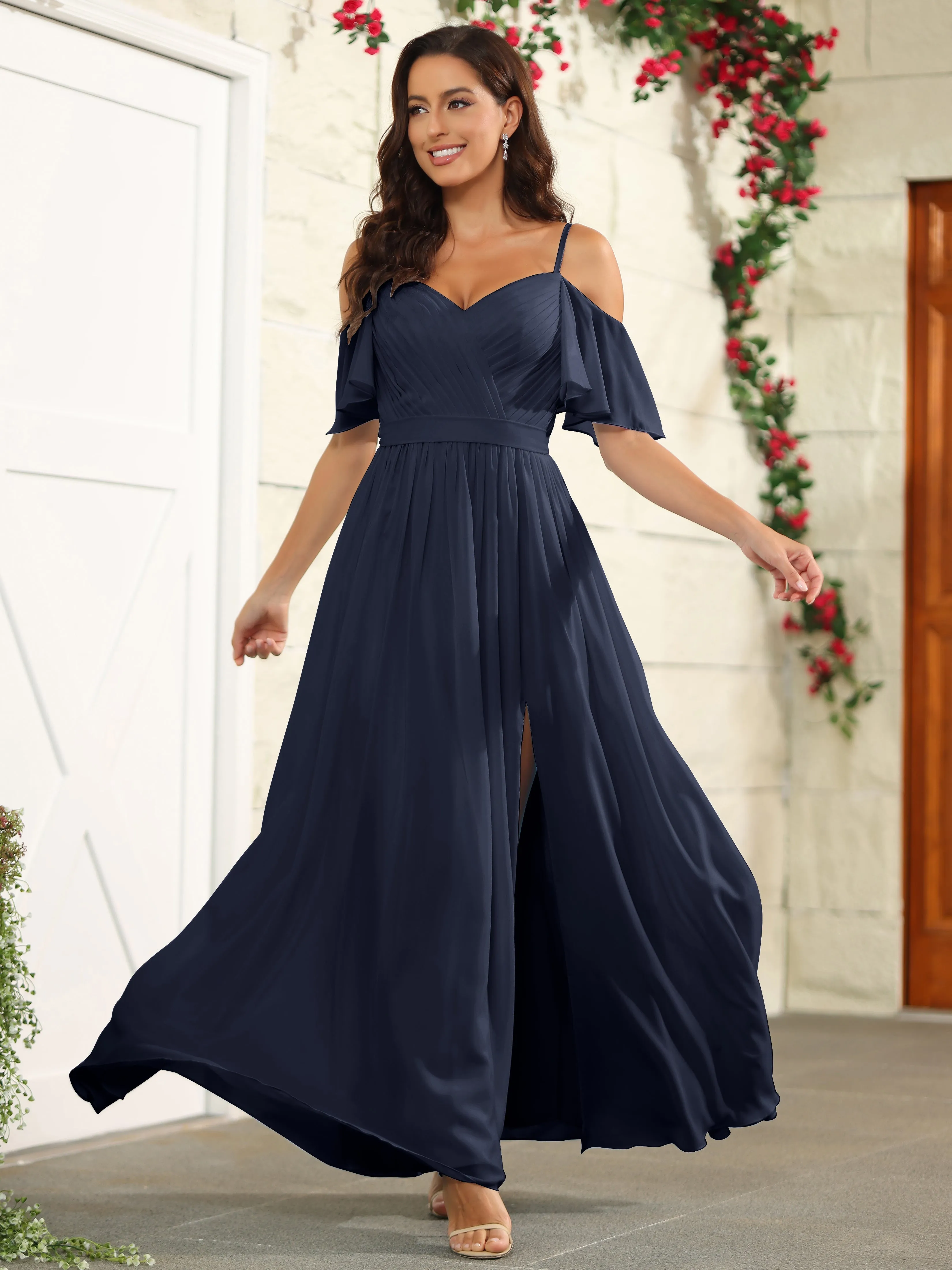 A Line Off The Shoulder Chiffon Long Bridesmaid Dress with Slit