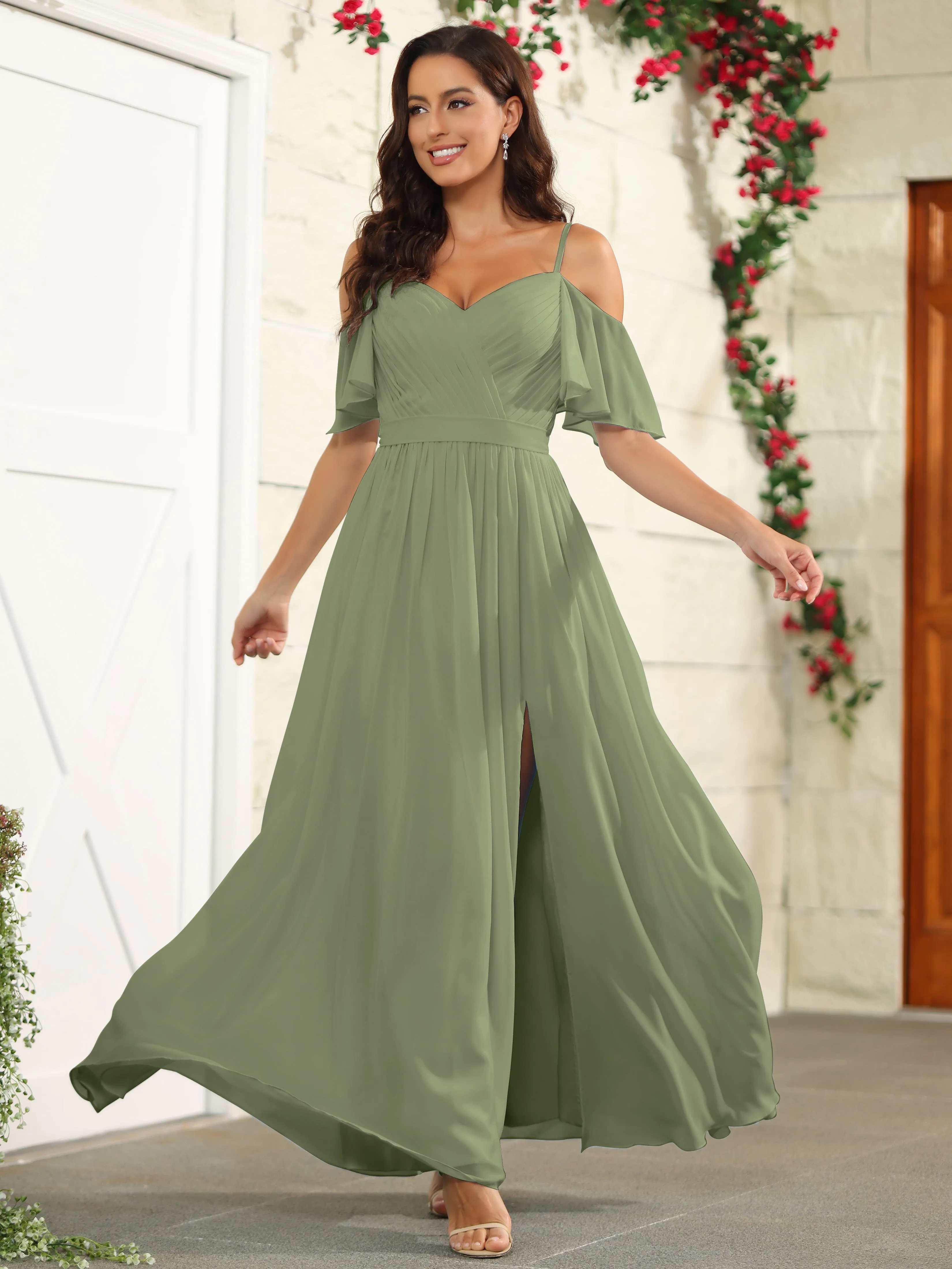 A Line Off The Shoulder Chiffon Long Bridesmaid Dress with Slit