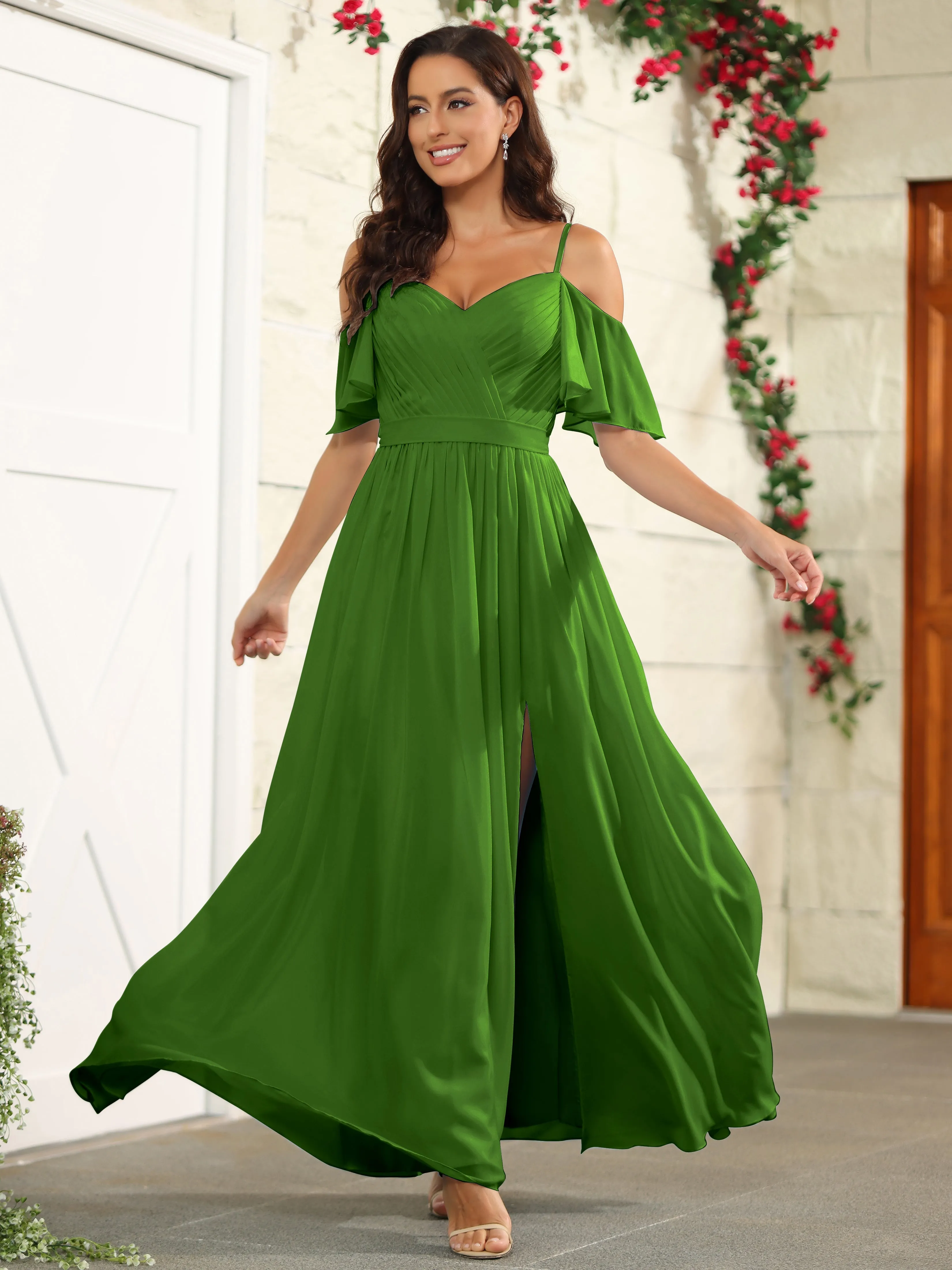 A Line Off The Shoulder Chiffon Long Bridesmaid Dress with Slit