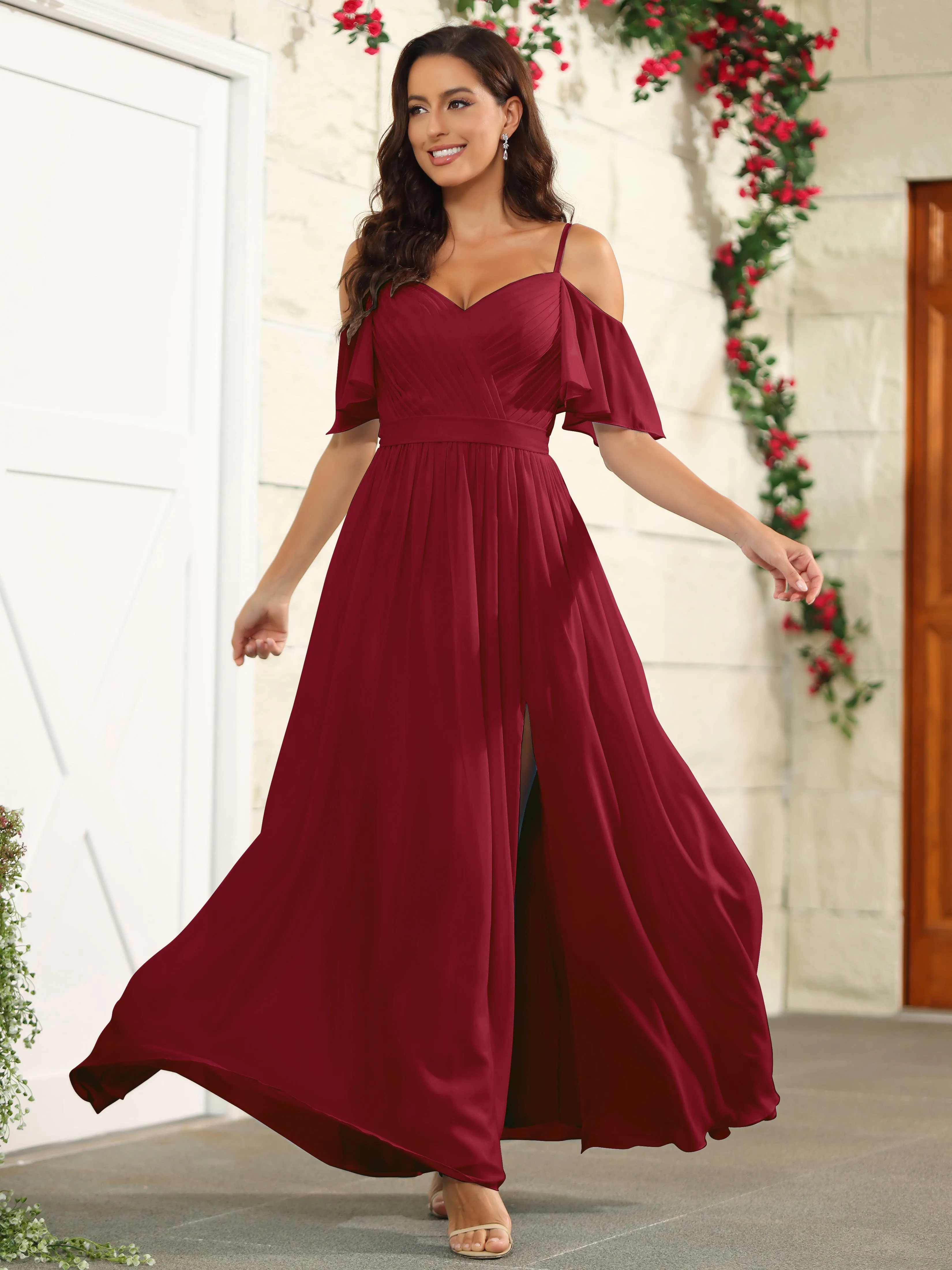 A Line Off The Shoulder Chiffon Long Bridesmaid Dress with Slit