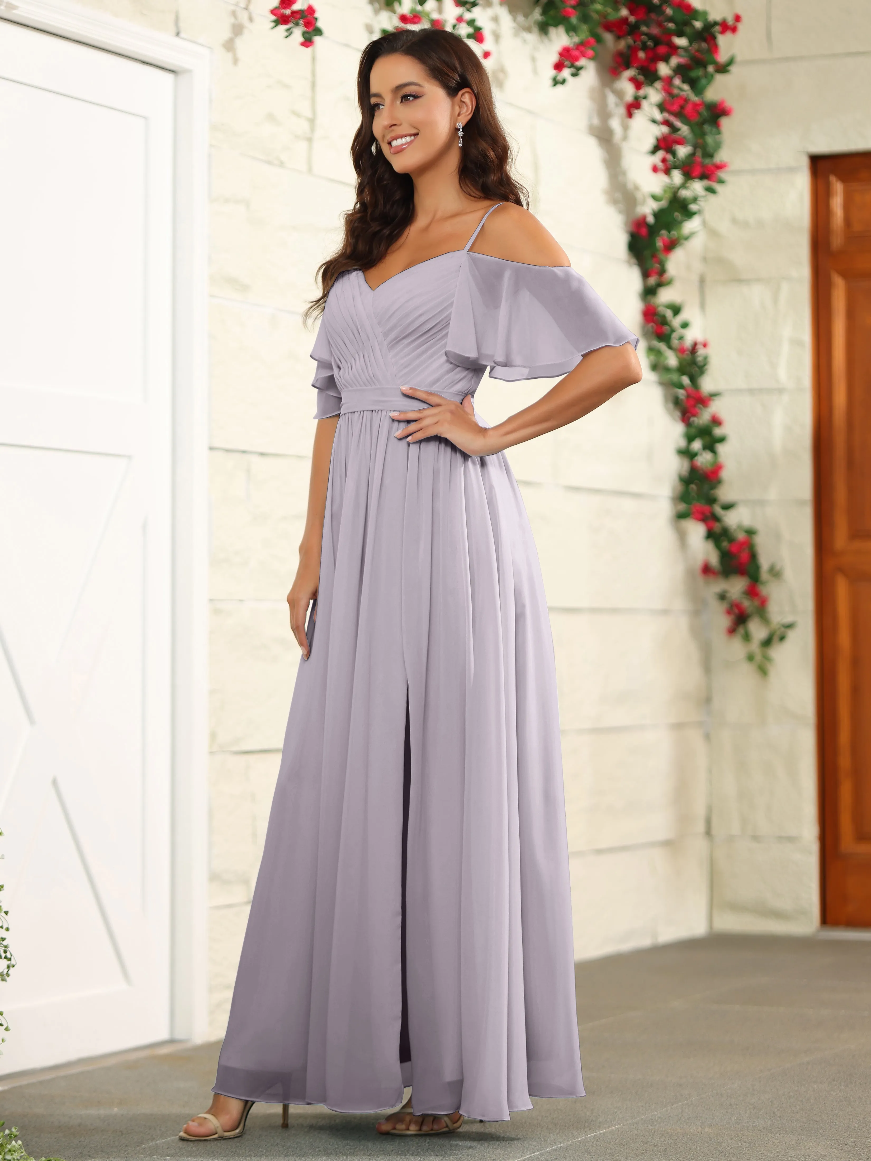 A Line Off The Shoulder Chiffon Long Bridesmaid Dress with Slit