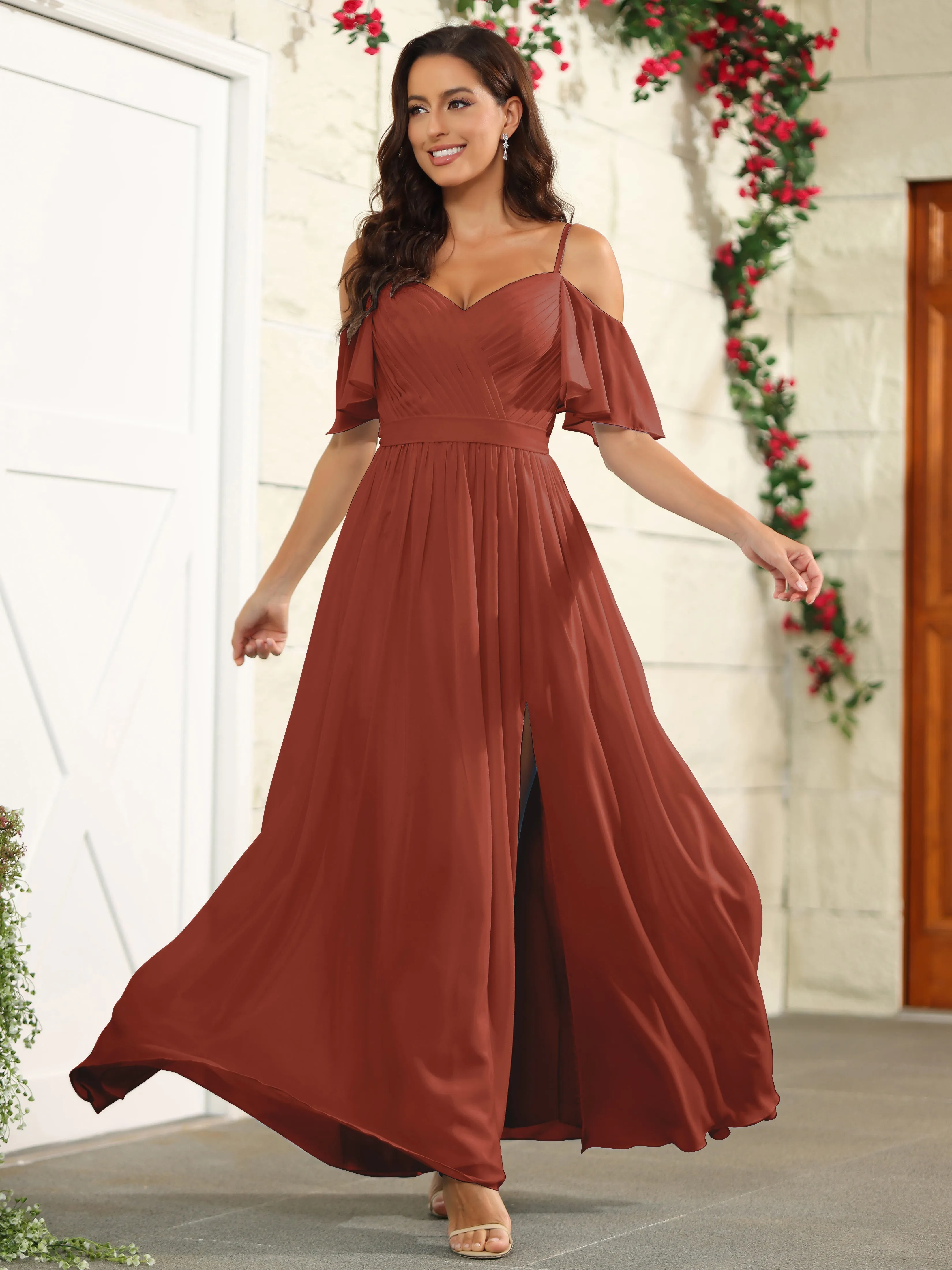 A Line Off The Shoulder Chiffon Long Bridesmaid Dress with Slit