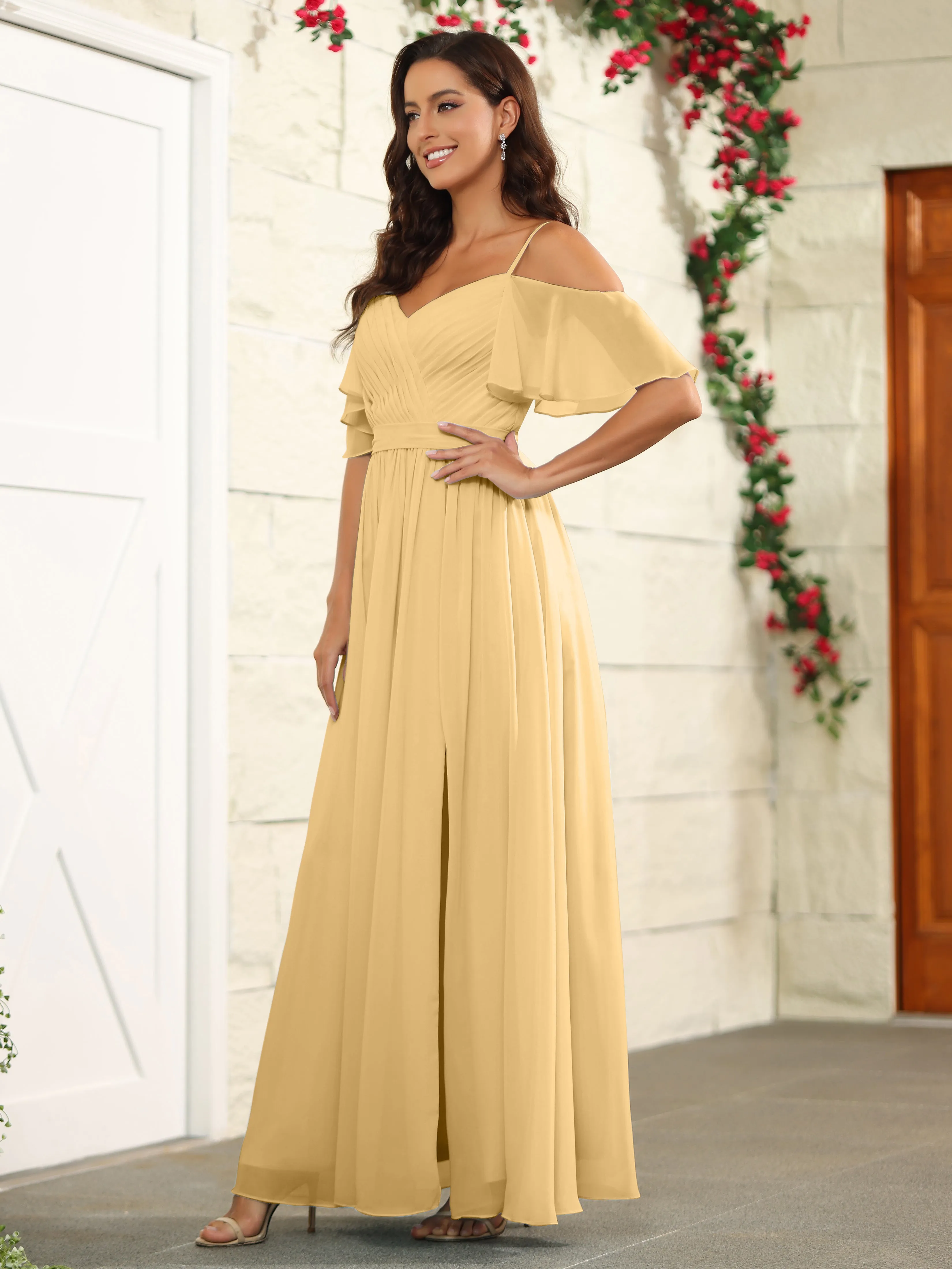 A Line Off The Shoulder Chiffon Long Bridesmaid Dress with Slit