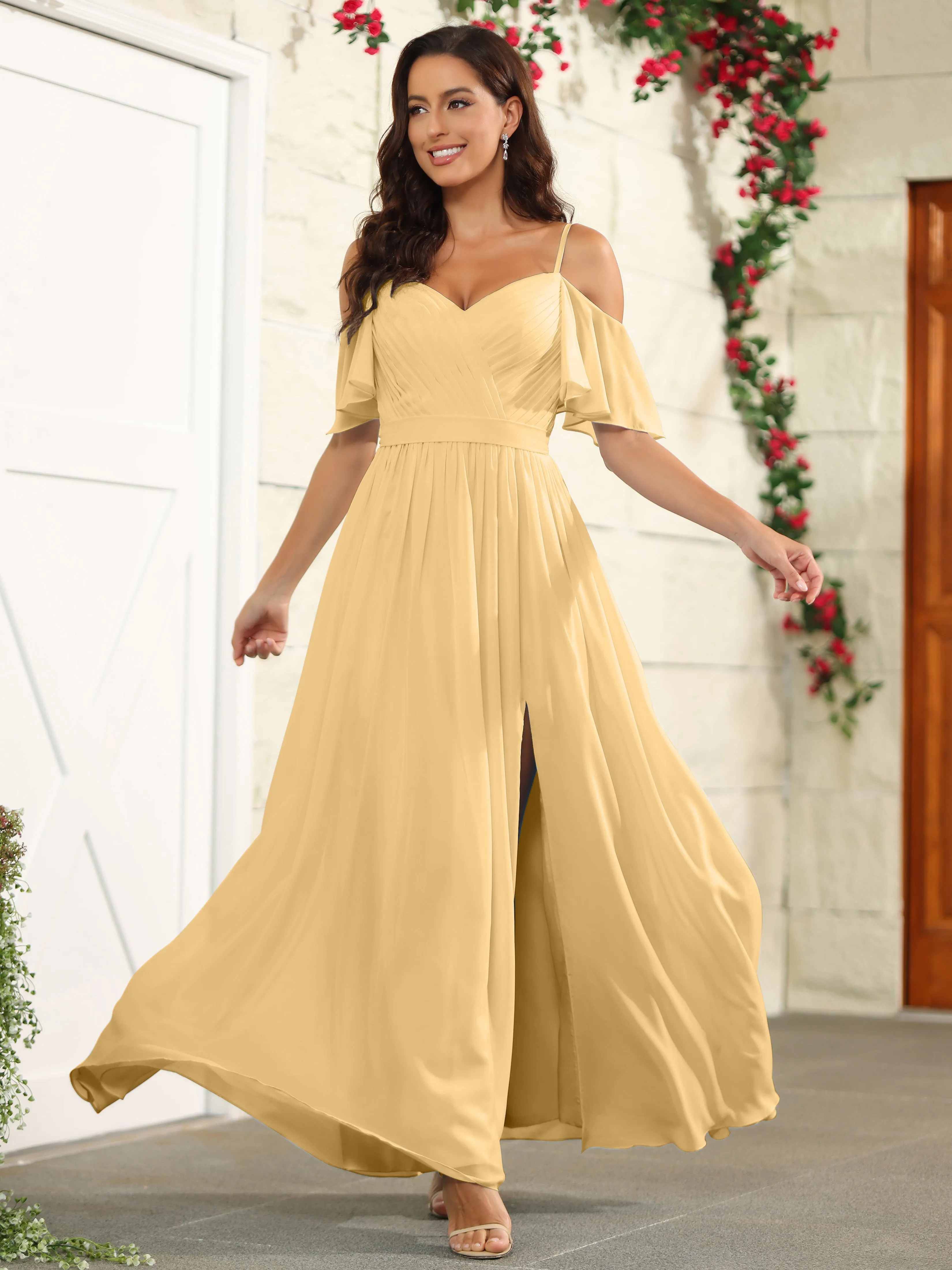 A Line Off The Shoulder Chiffon Long Bridesmaid Dress with Slit