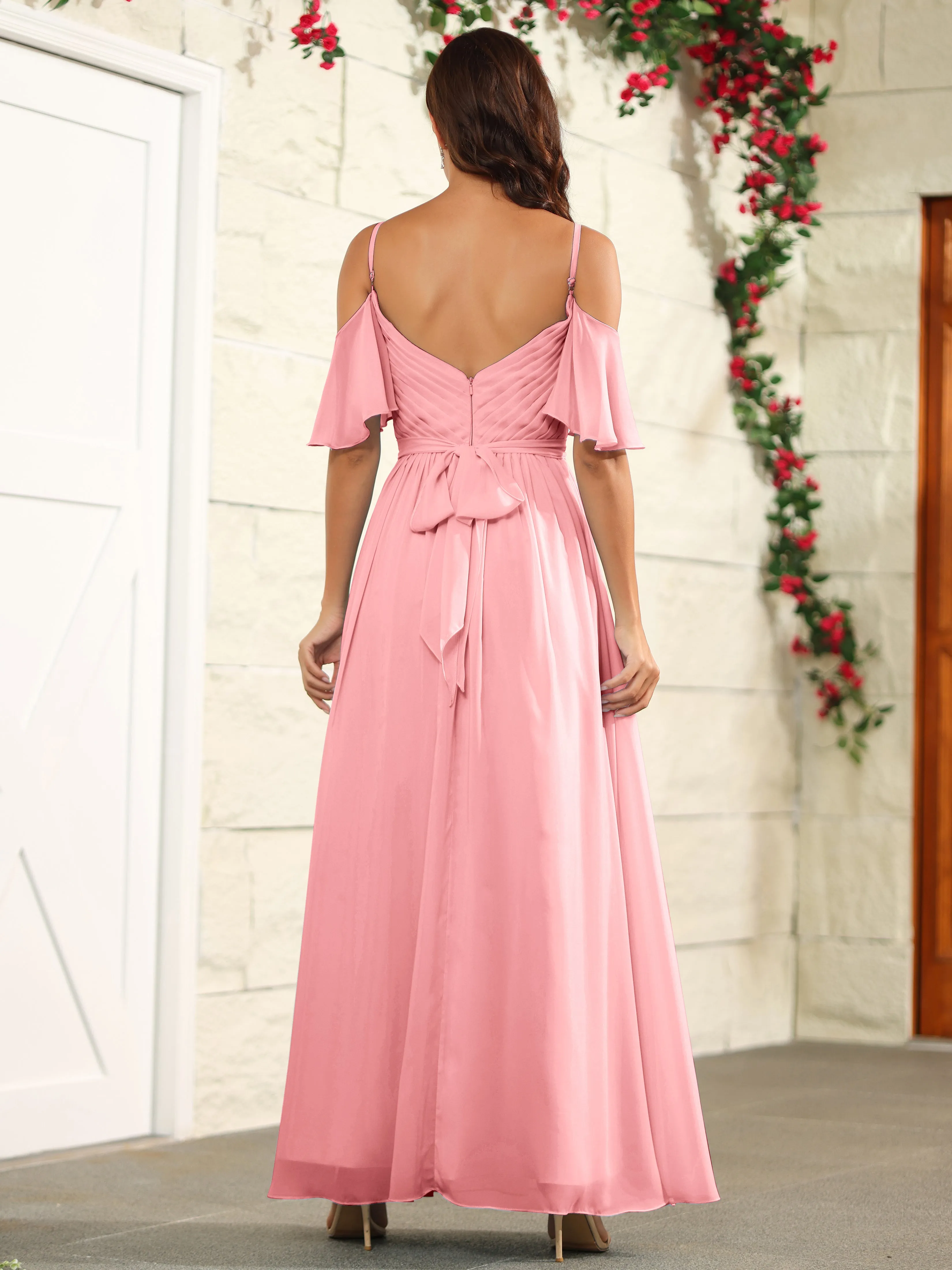 A Line Off The Shoulder Chiffon Long Bridesmaid Dress with Slit