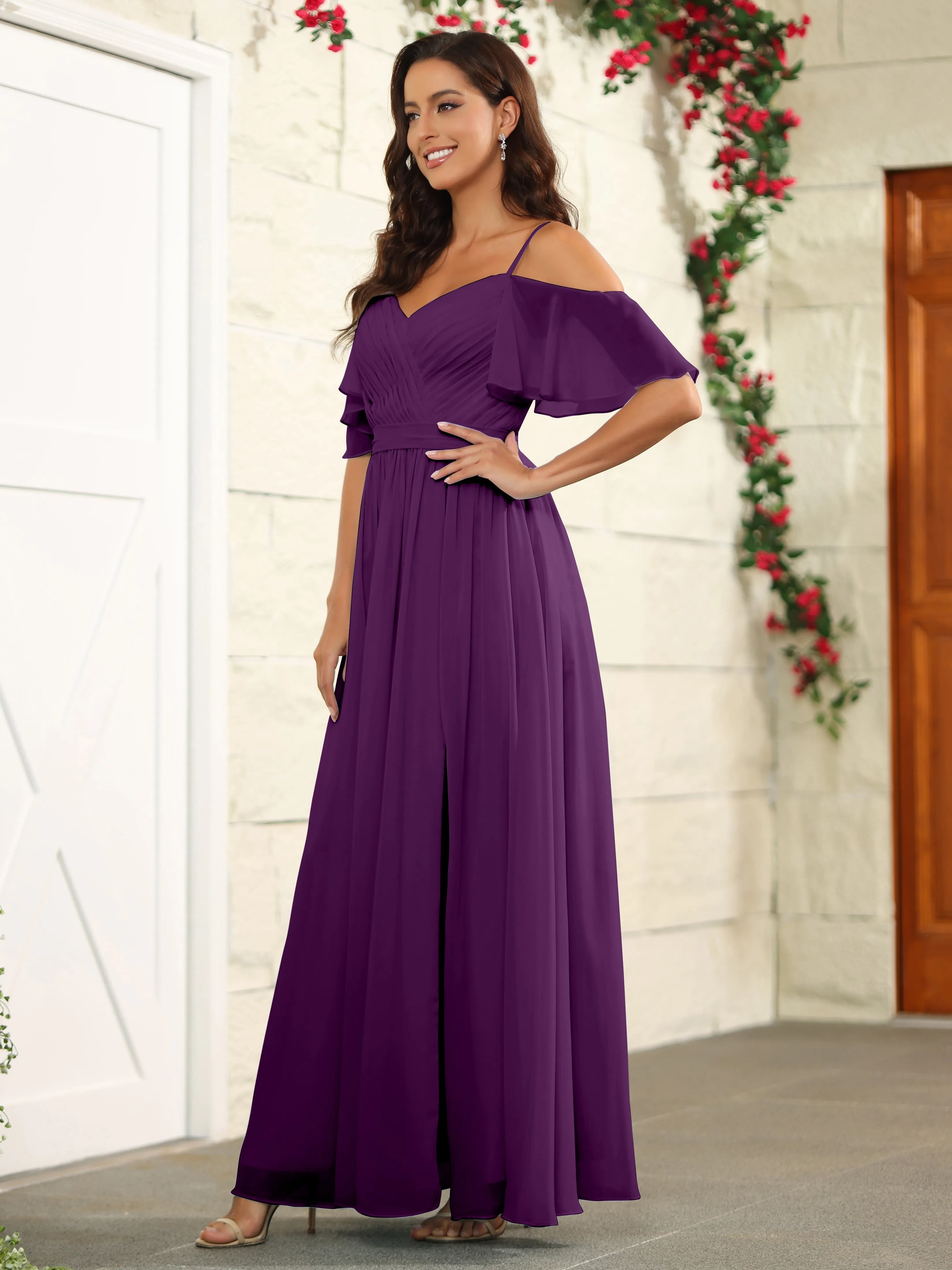 A Line Off The Shoulder Chiffon Long Bridesmaid Dress with Slit