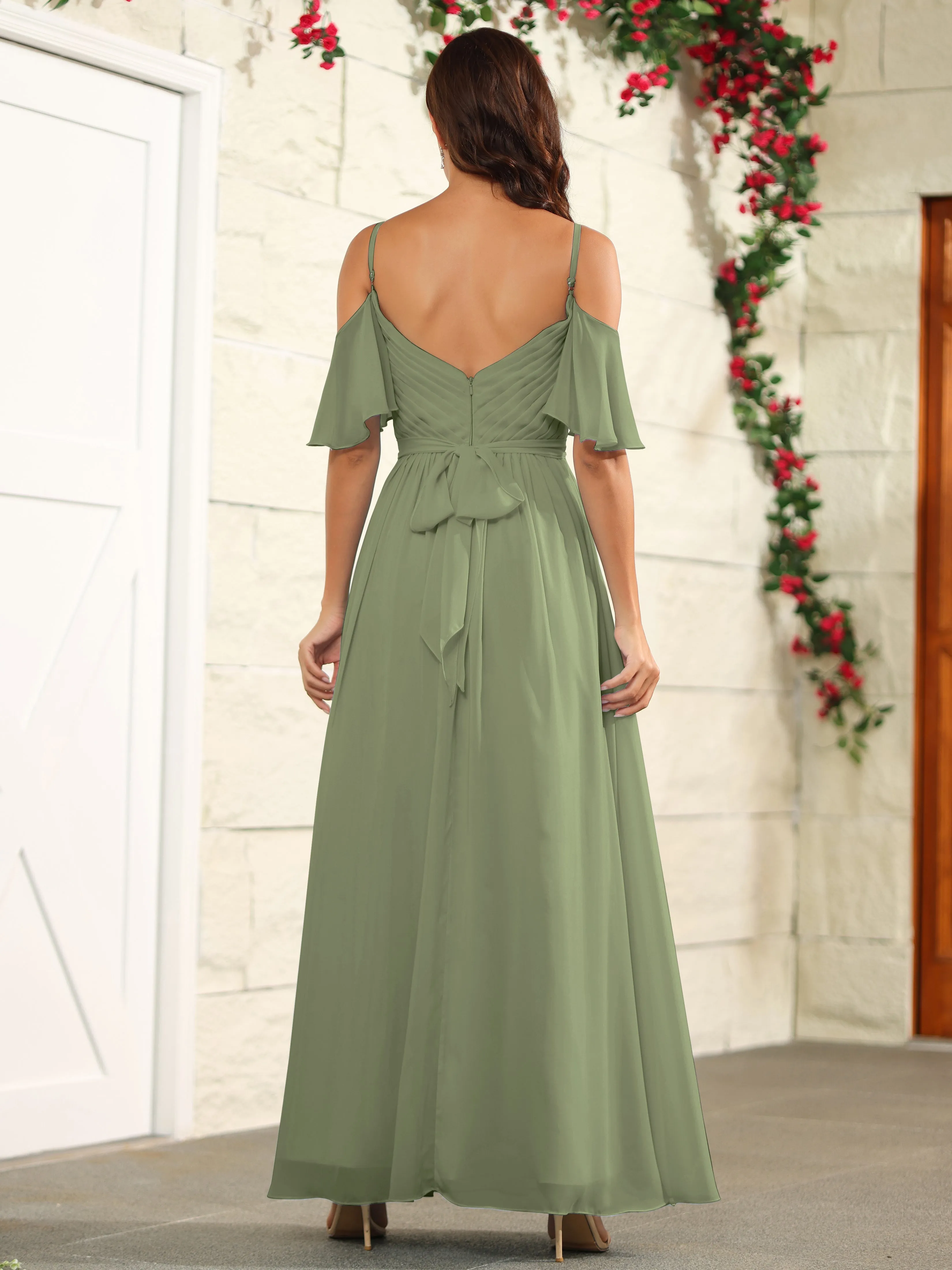 A Line Off The Shoulder Chiffon Long Bridesmaid Dress with Slit