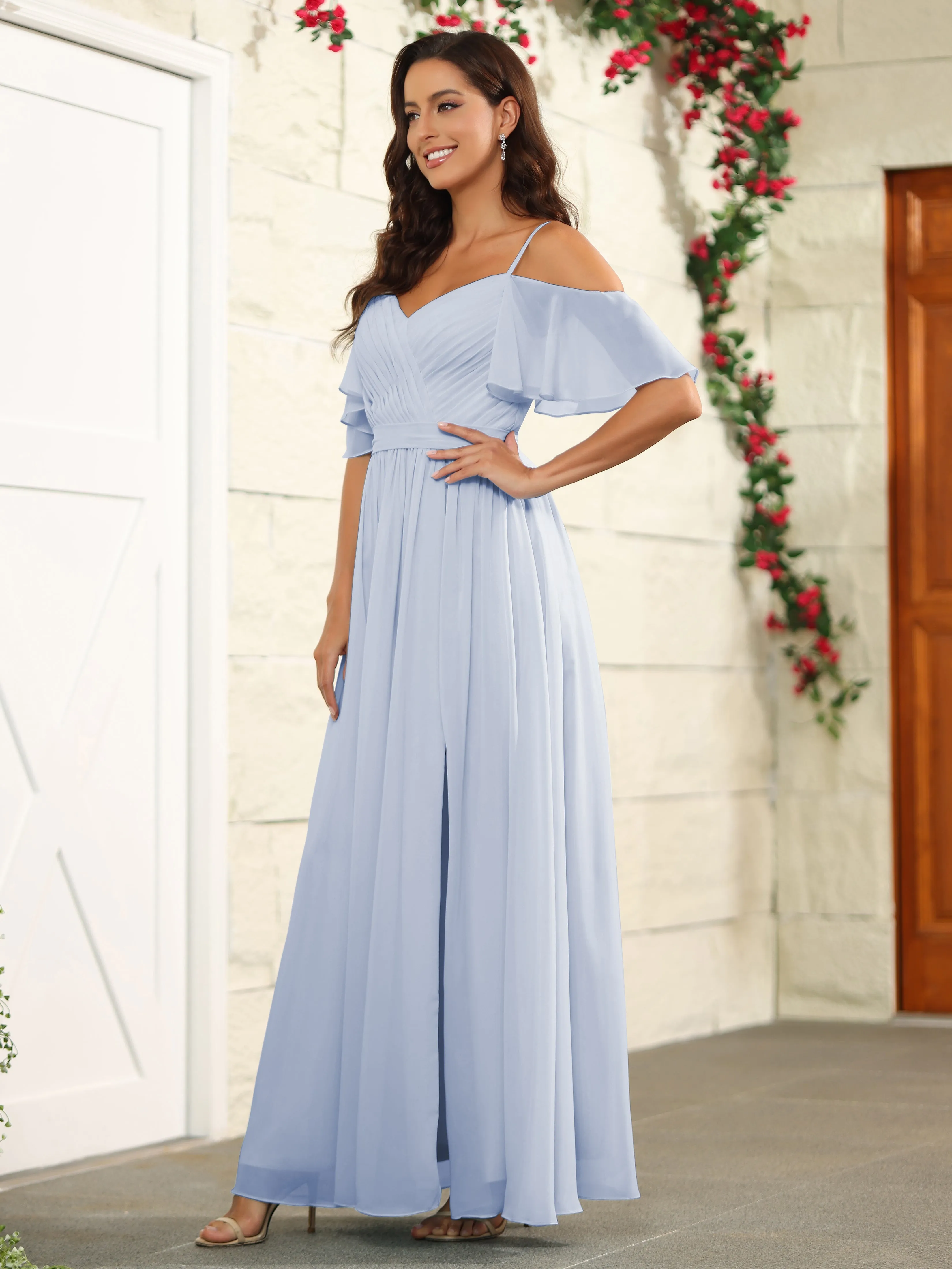 A Line Off The Shoulder Chiffon Long Bridesmaid Dress with Slit