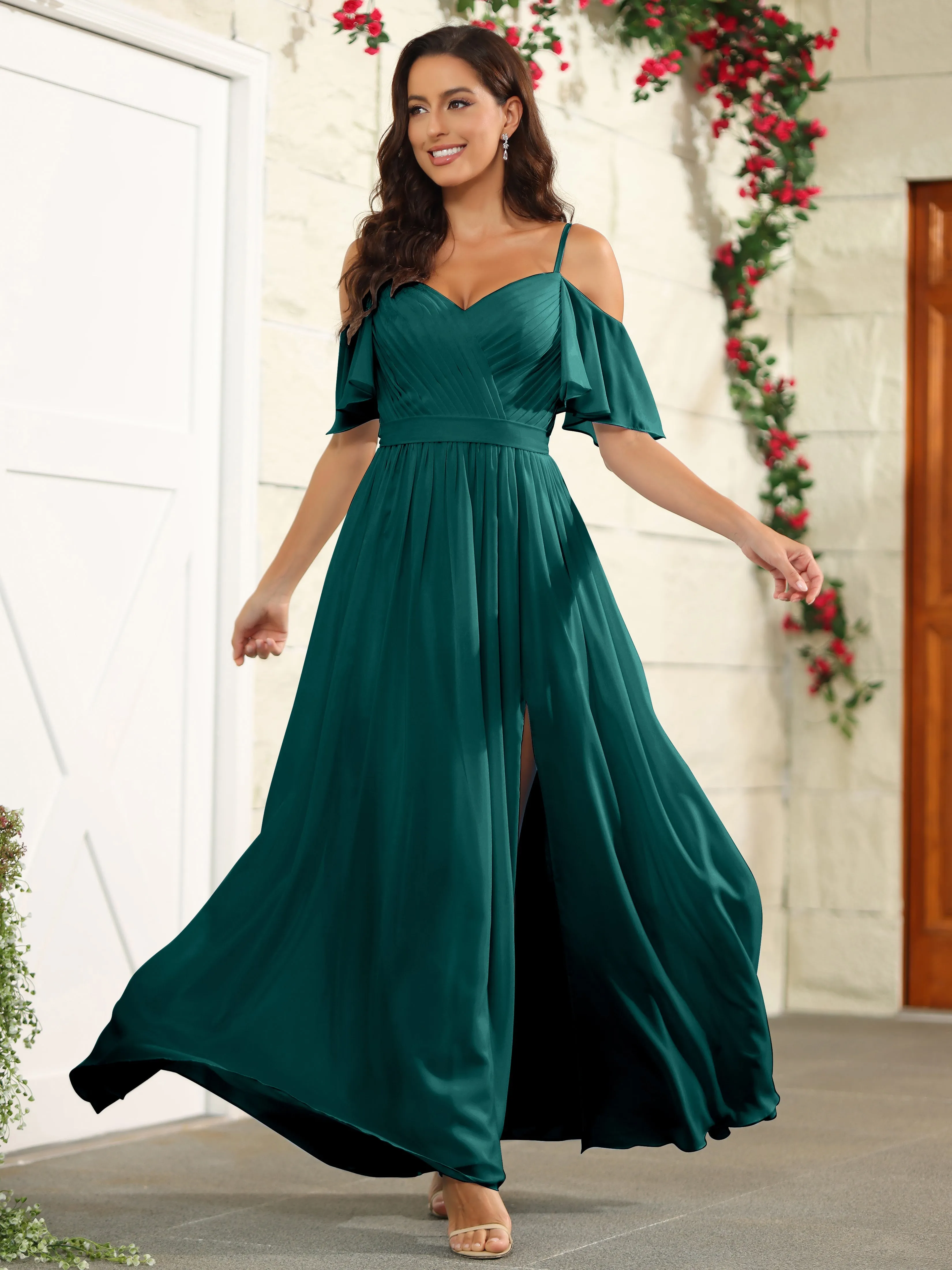A Line Off The Shoulder Chiffon Long Bridesmaid Dress with Slit
