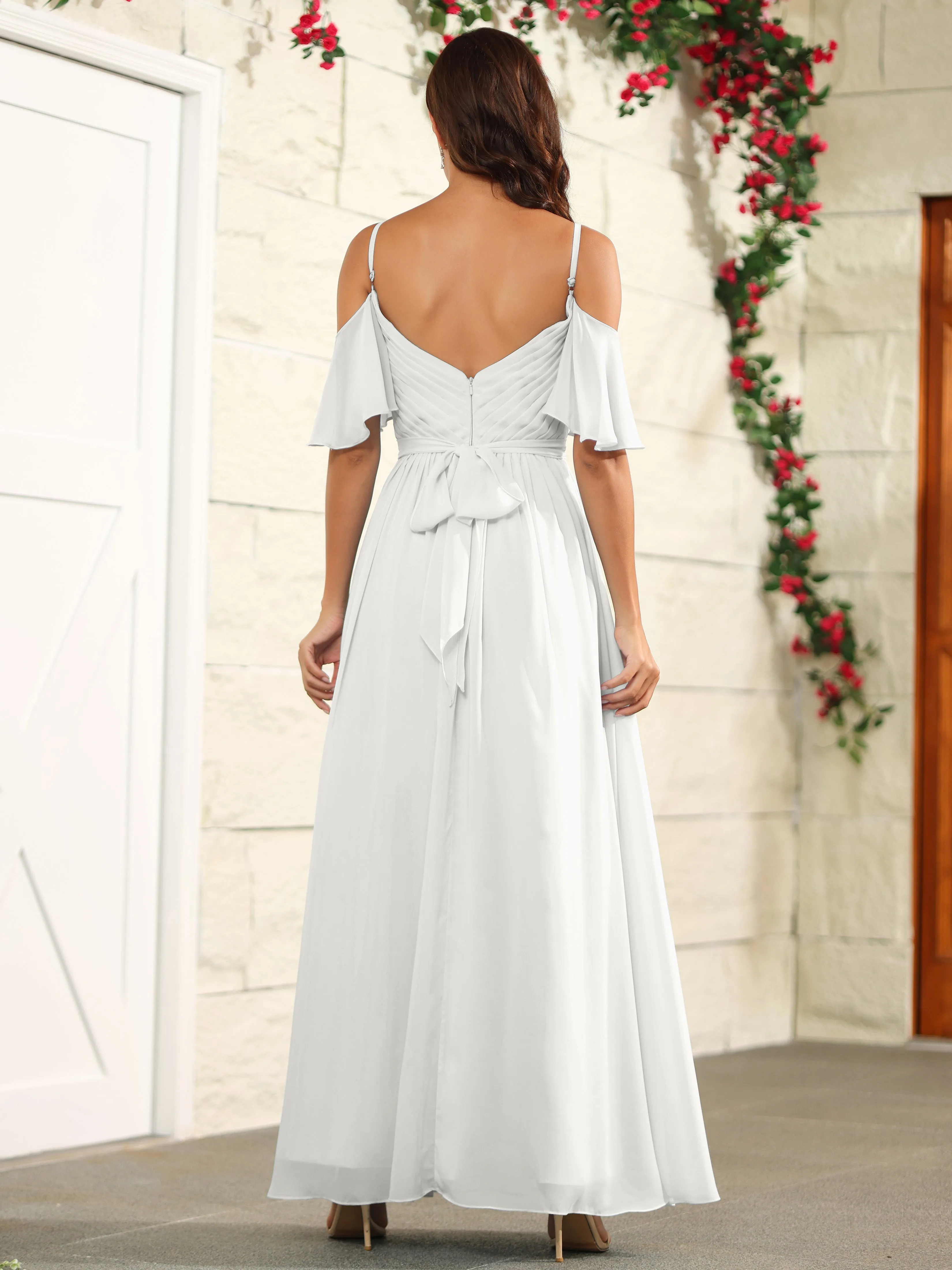 A Line Off The Shoulder Chiffon Long Bridesmaid Dress with Slit