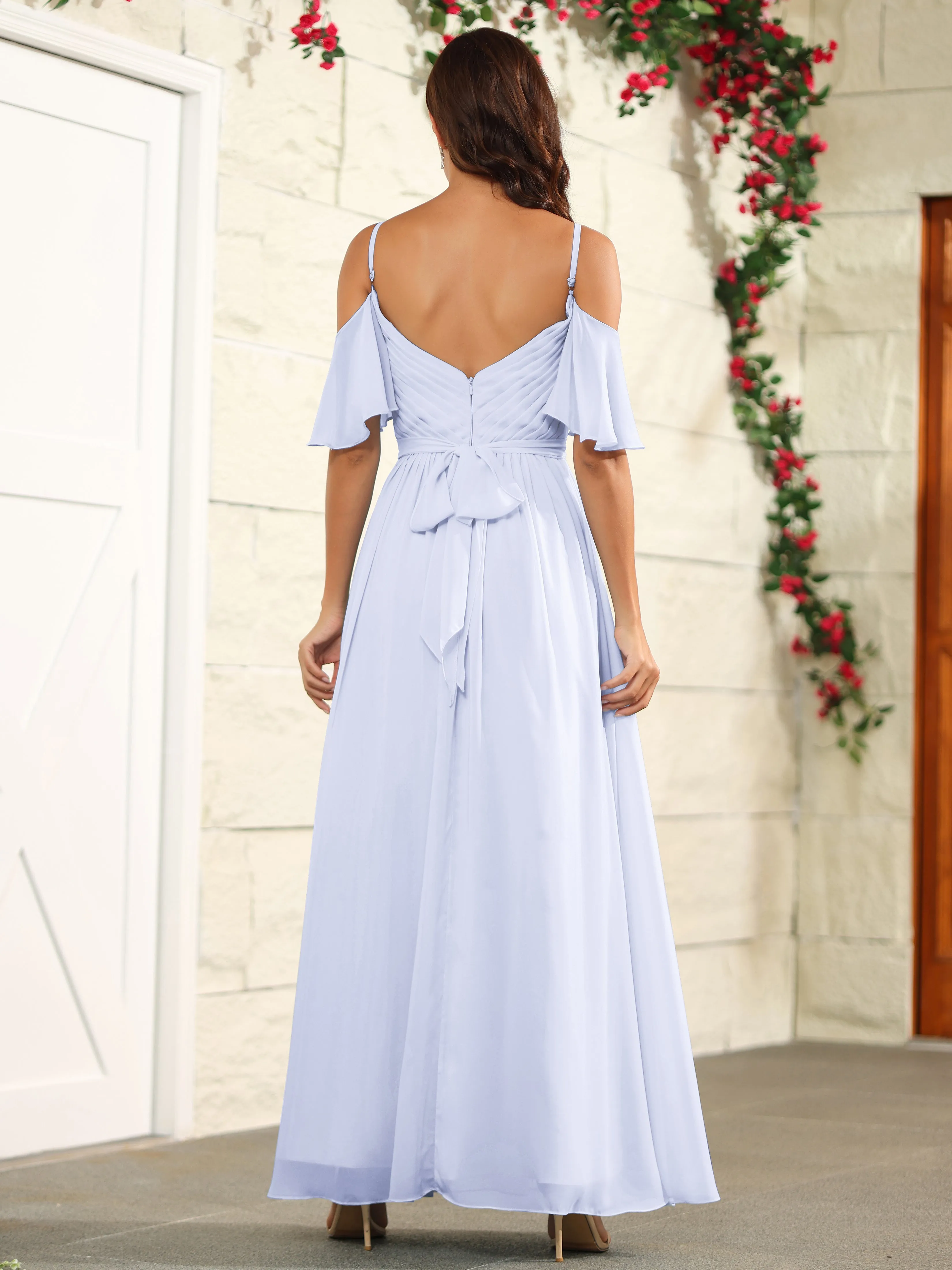 A Line Off The Shoulder Chiffon Long Bridesmaid Dress with Slit