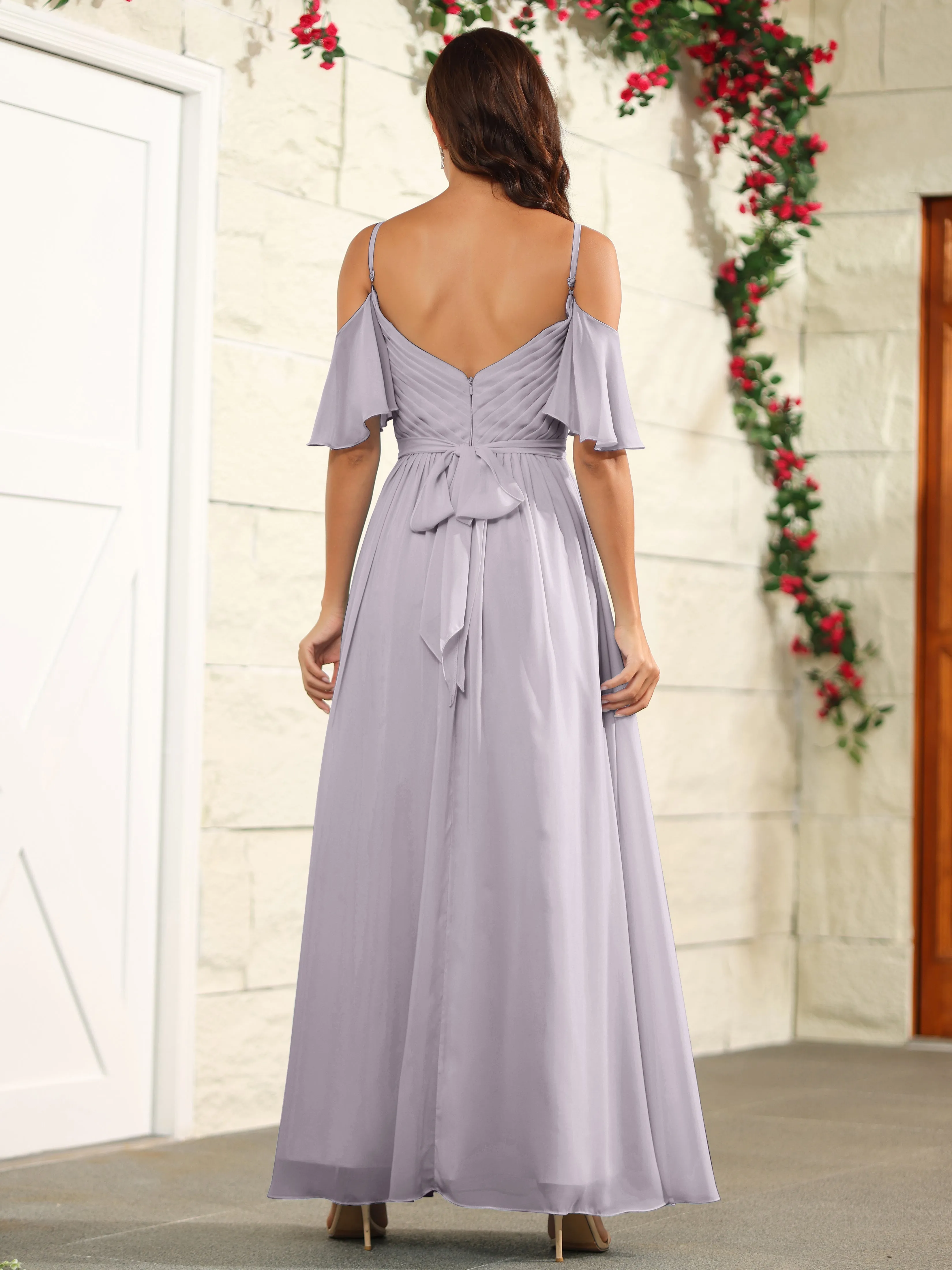 A Line Off The Shoulder Chiffon Long Bridesmaid Dress with Slit
