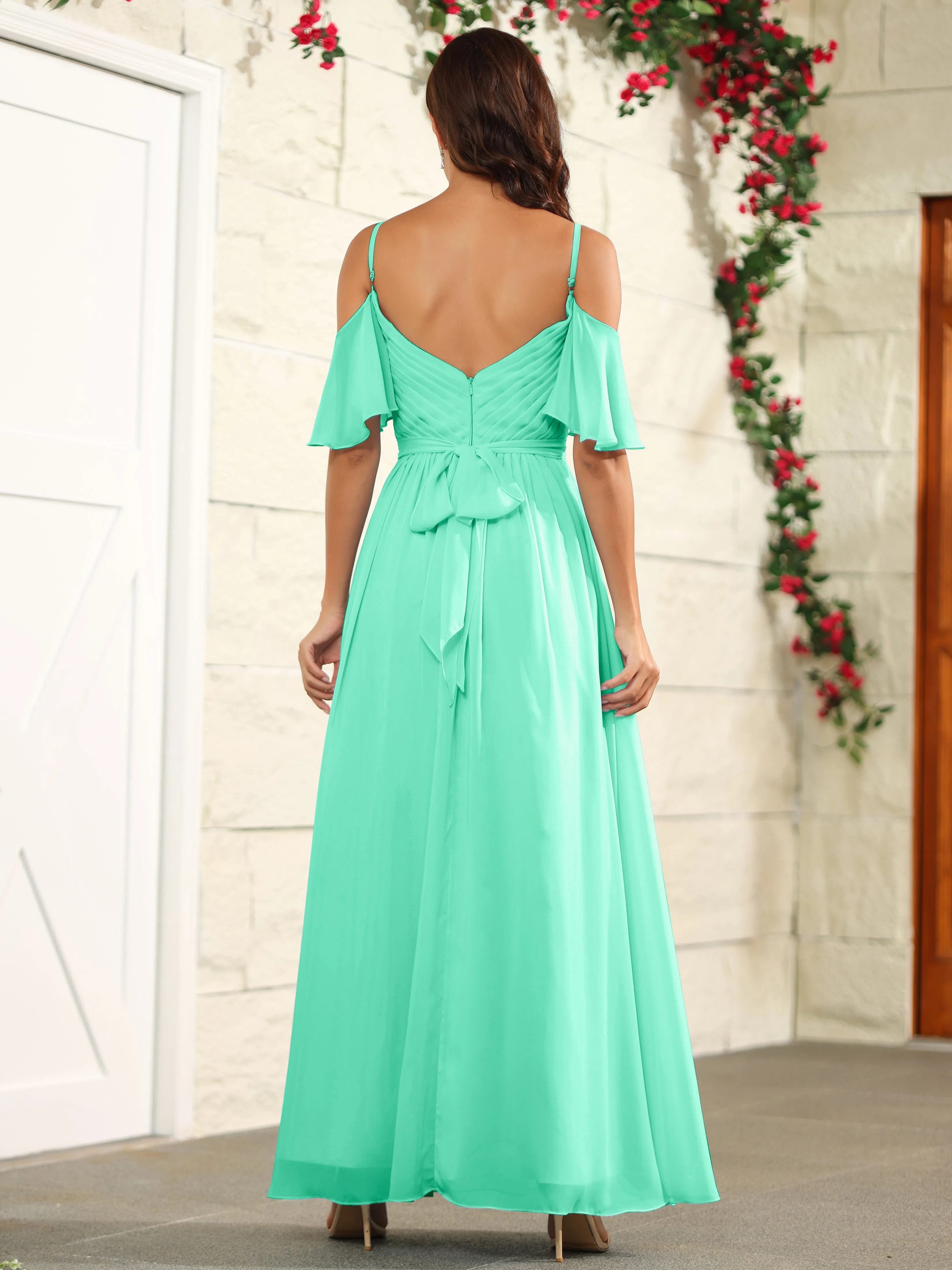 A Line Off The Shoulder Chiffon Long Bridesmaid Dress with Slit