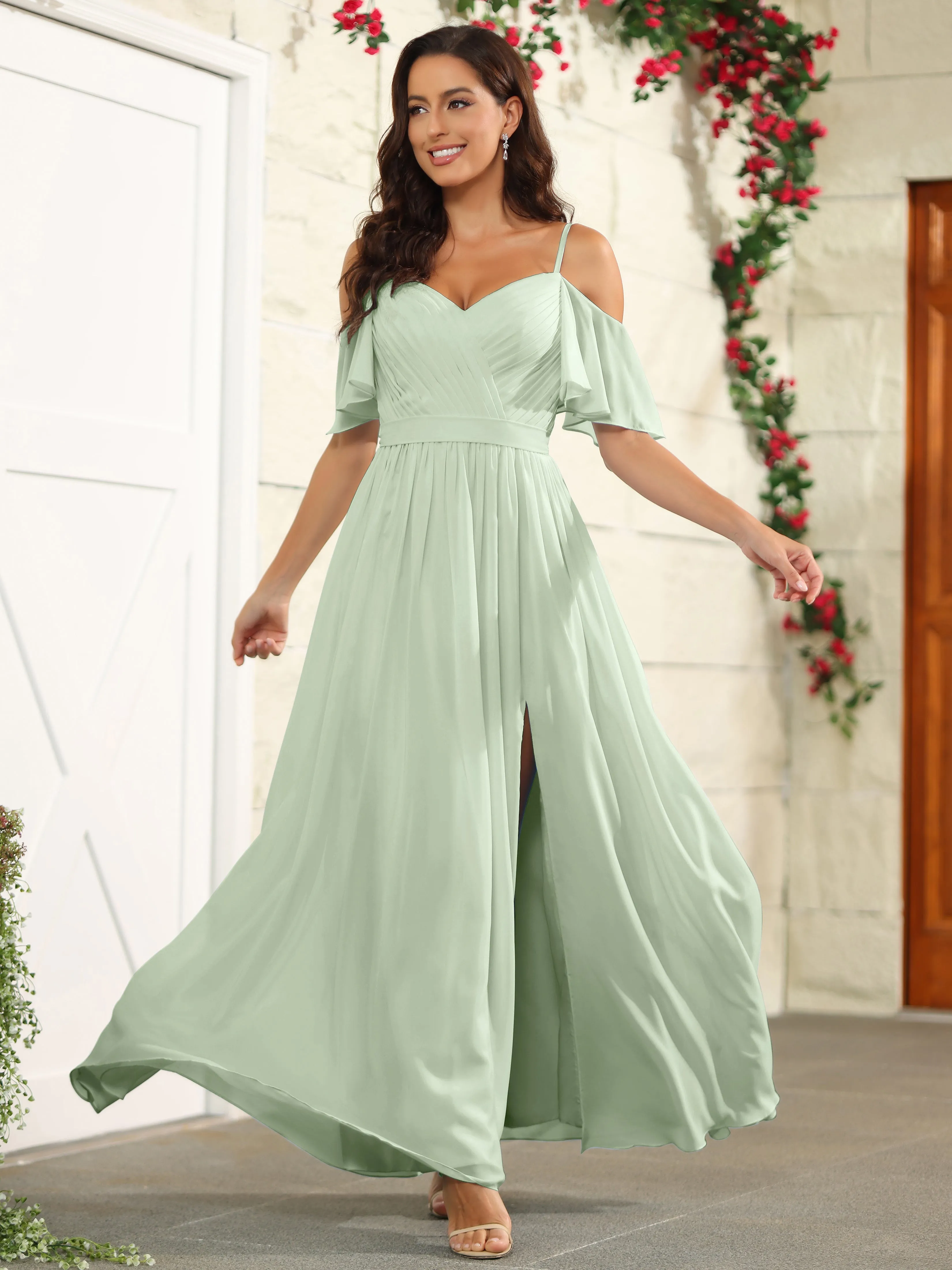 A Line Off The Shoulder Chiffon Long Bridesmaid Dress with Slit