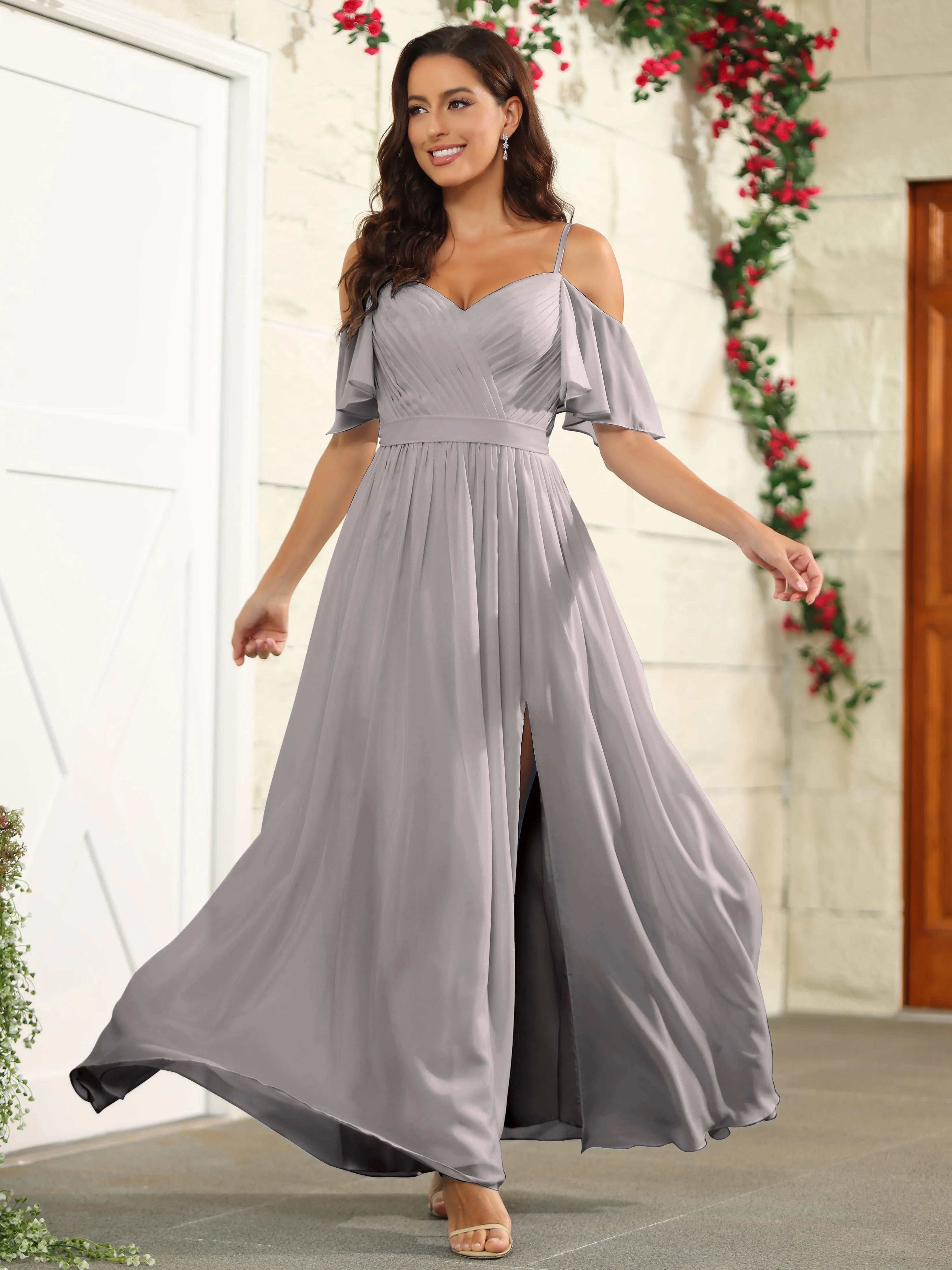 A Line Off The Shoulder Chiffon Long Bridesmaid Dress with Slit