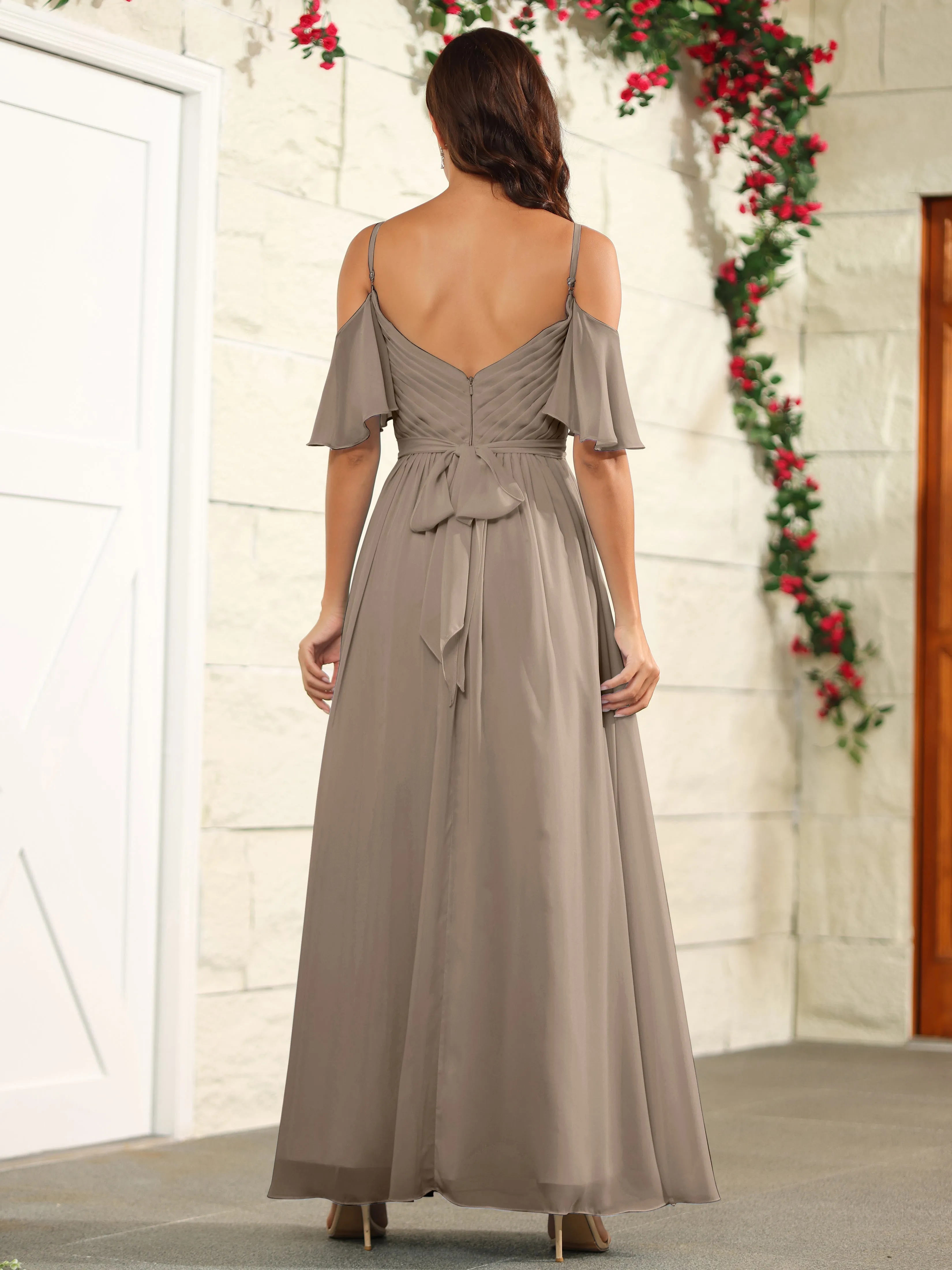 A Line Off The Shoulder Chiffon Long Bridesmaid Dress with Slit