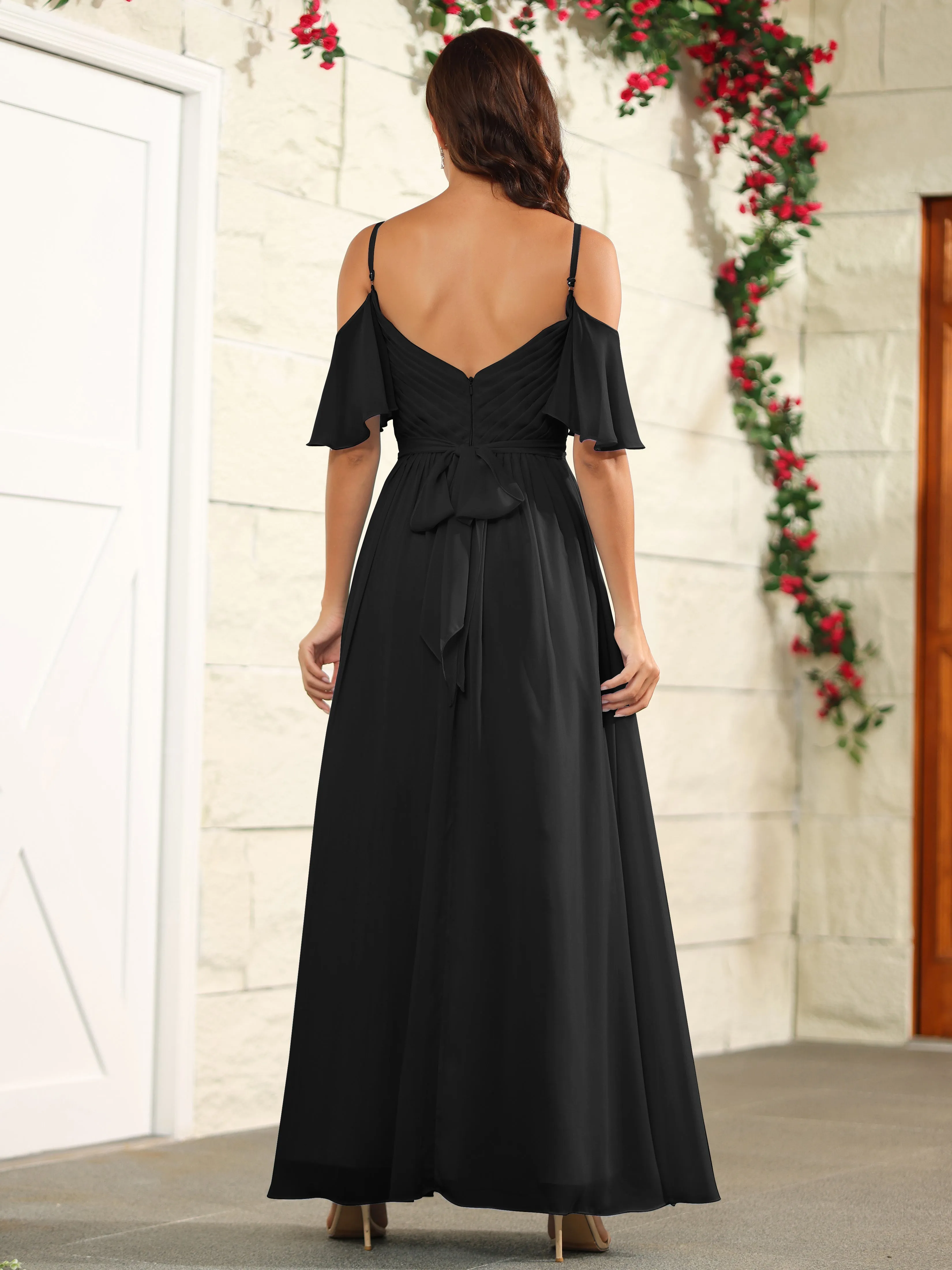 A Line Off The Shoulder Chiffon Long Bridesmaid Dress with Slit