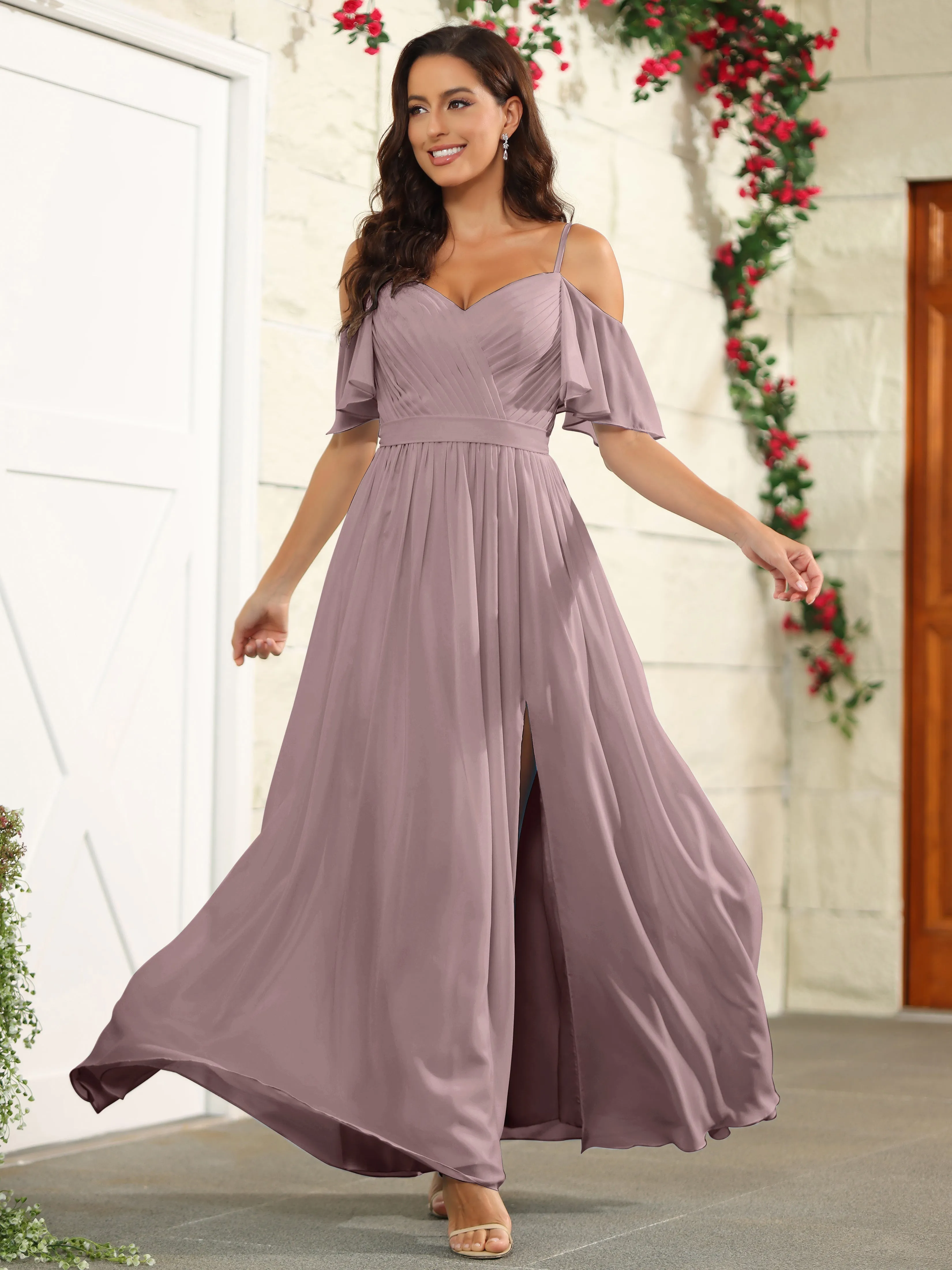 A Line Off The Shoulder Chiffon Long Bridesmaid Dress with Slit
