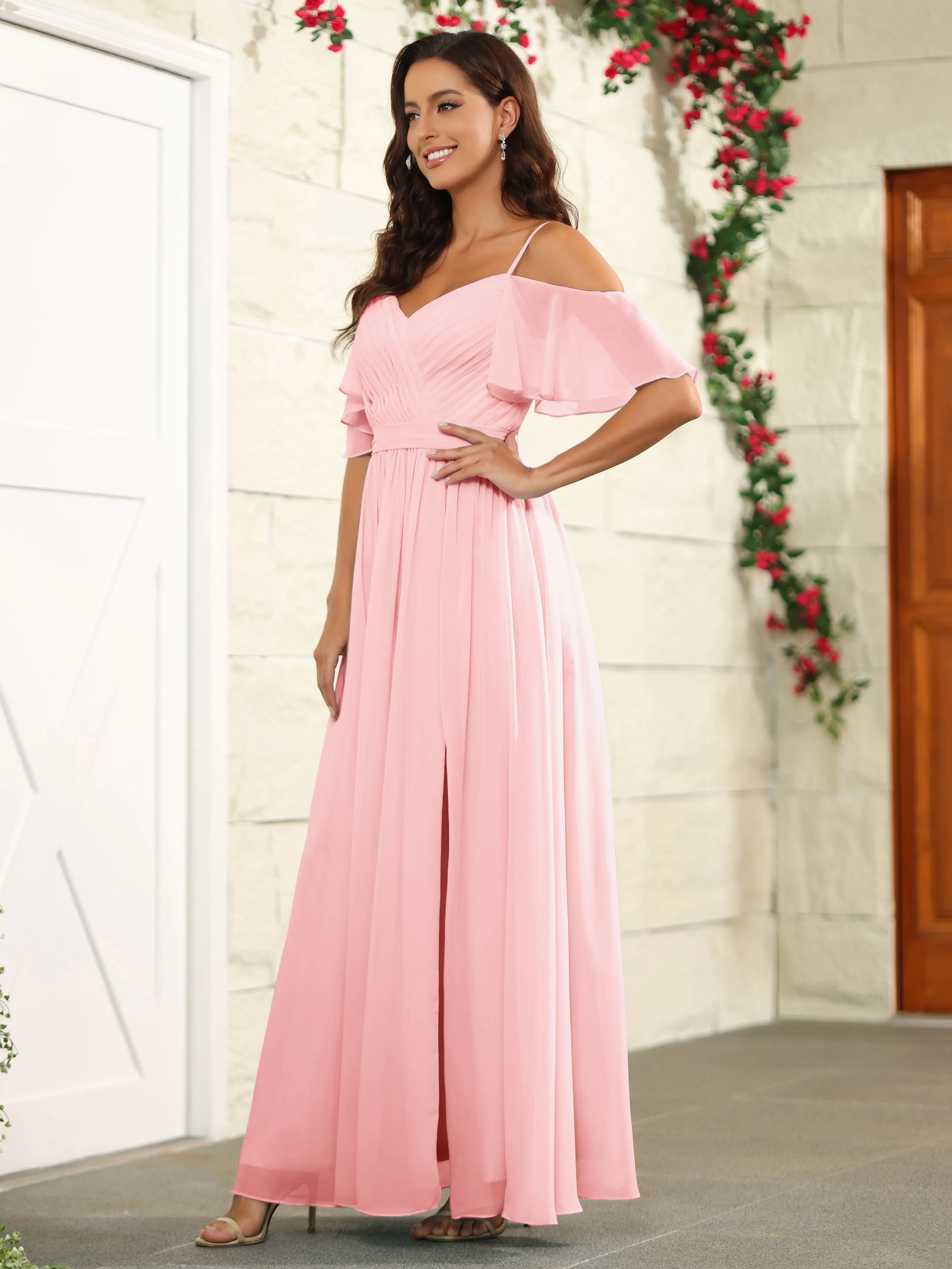 A Line Off The Shoulder Chiffon Long Bridesmaid Dress with Slit