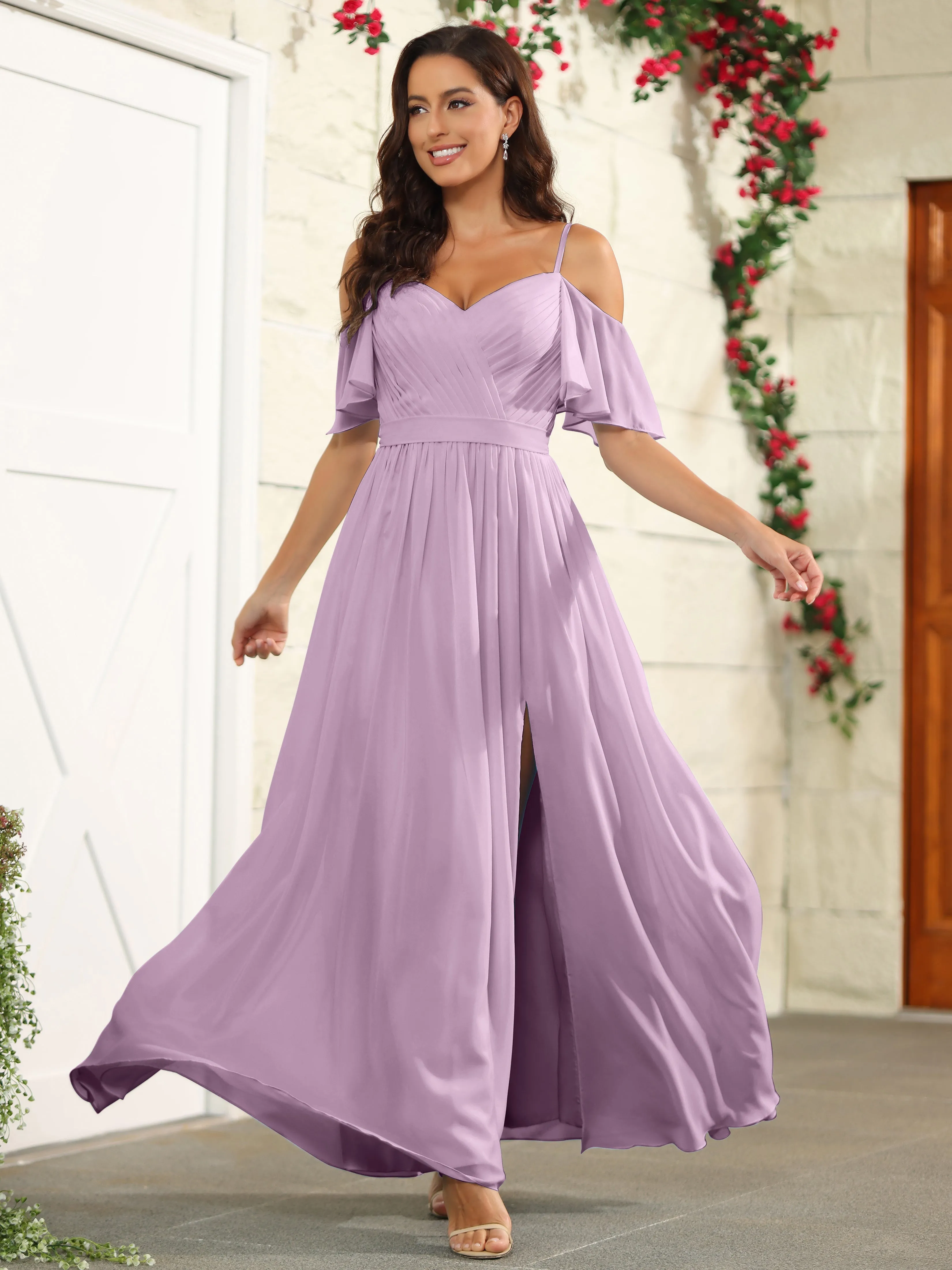 A Line Off The Shoulder Chiffon Long Bridesmaid Dress with Slit