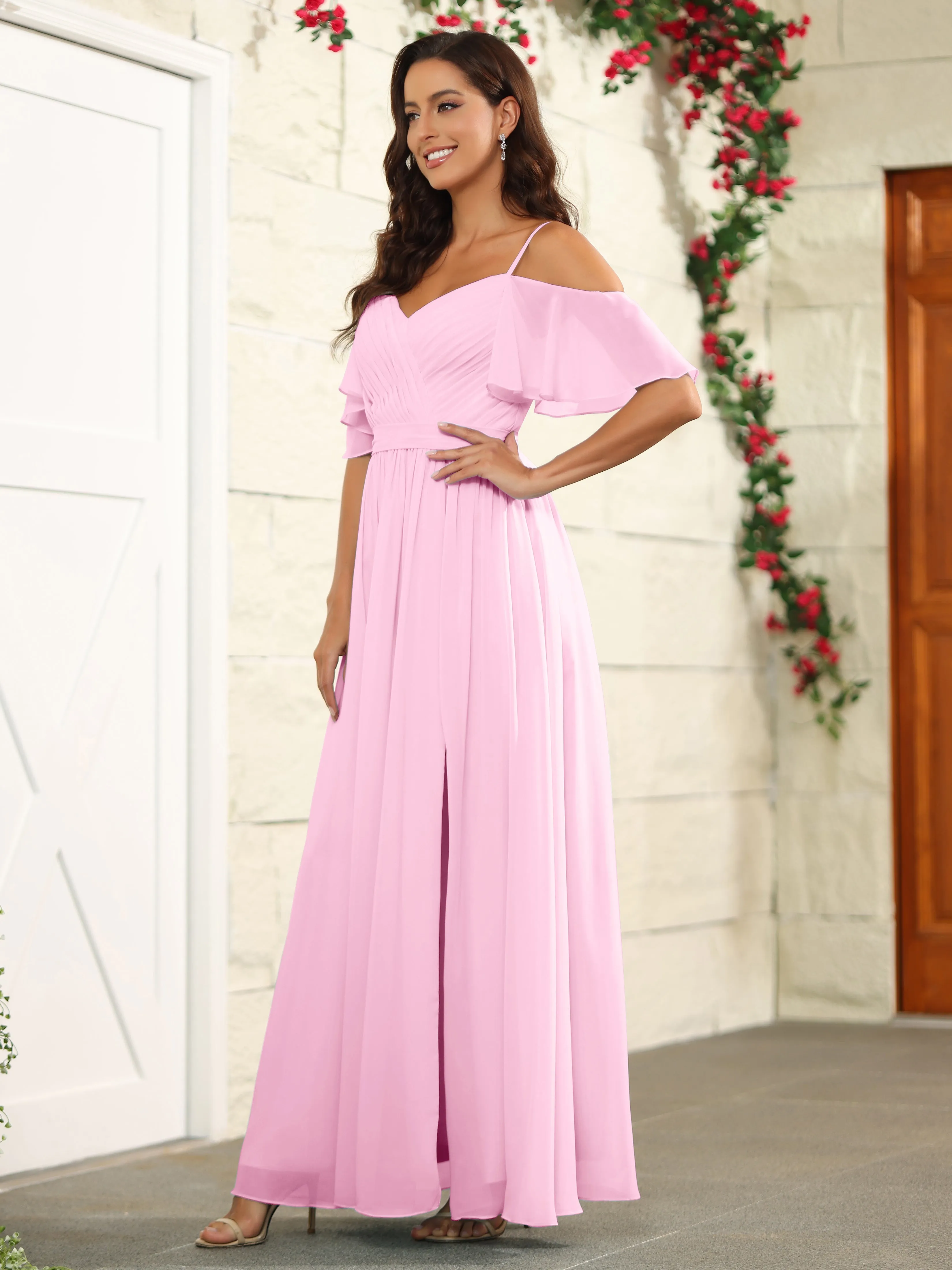 A Line Off The Shoulder Chiffon Long Bridesmaid Dress with Slit