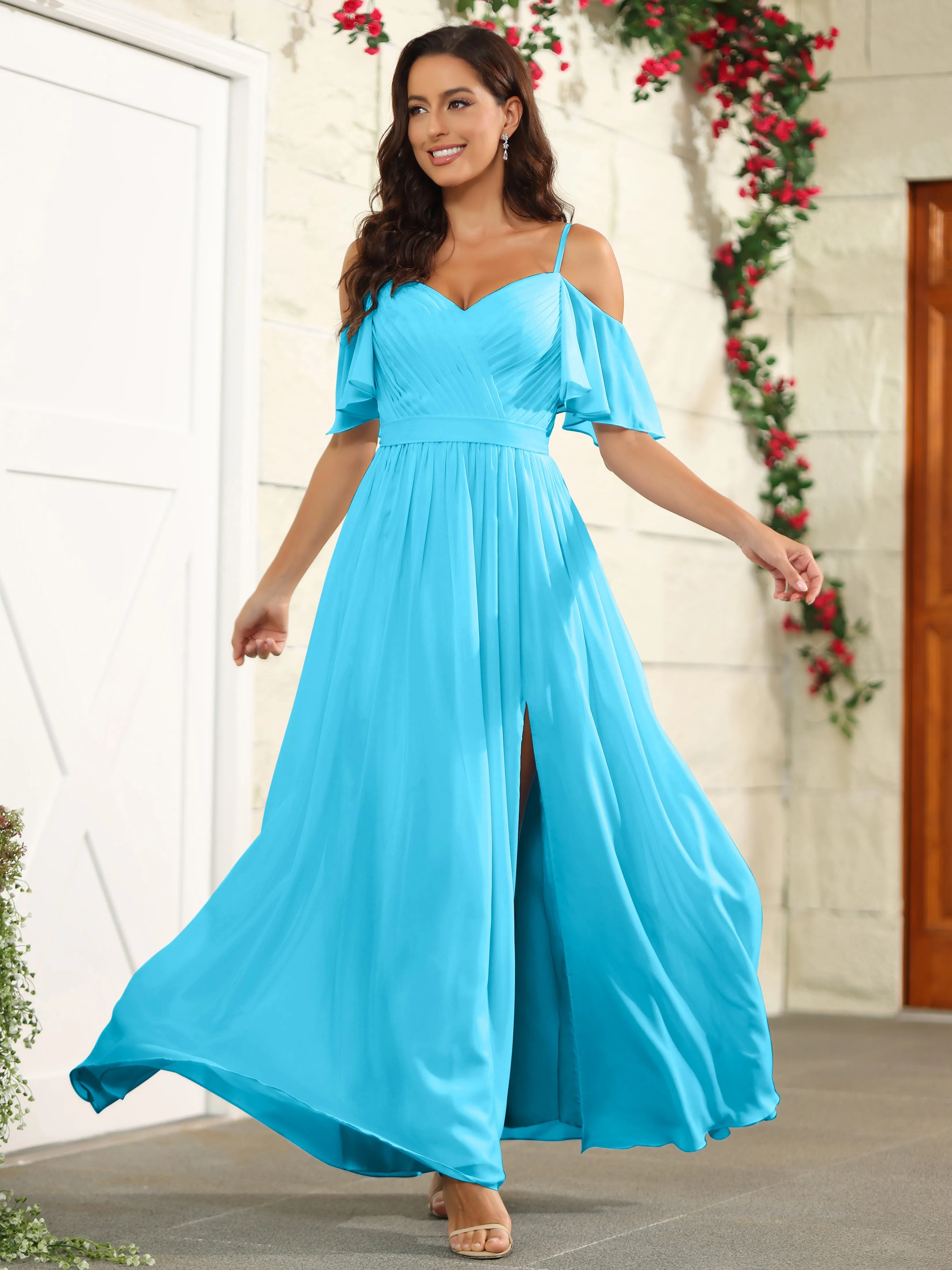 A Line Off The Shoulder Chiffon Long Bridesmaid Dress with Slit