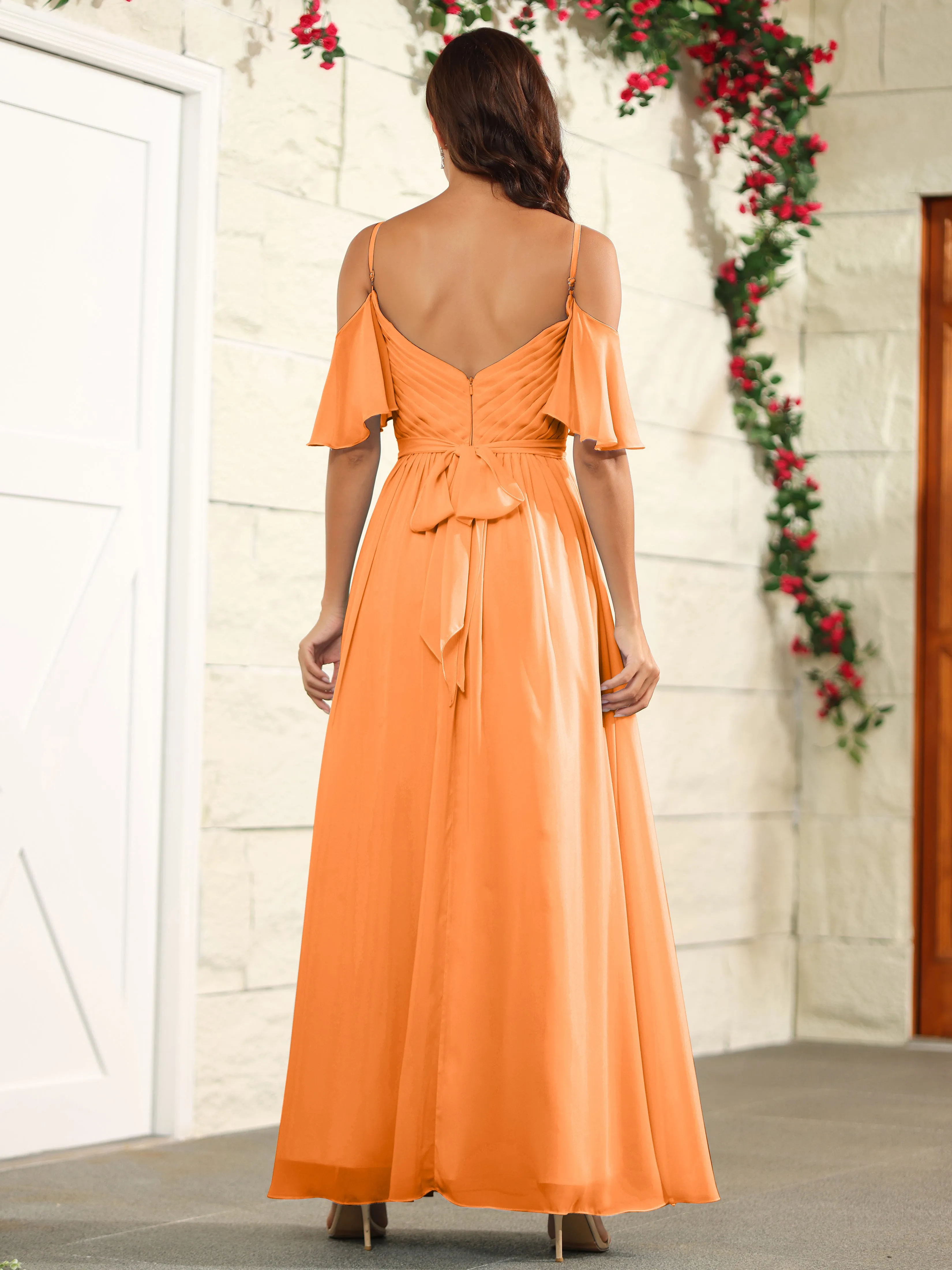 A Line Off The Shoulder Chiffon Long Bridesmaid Dress with Slit
