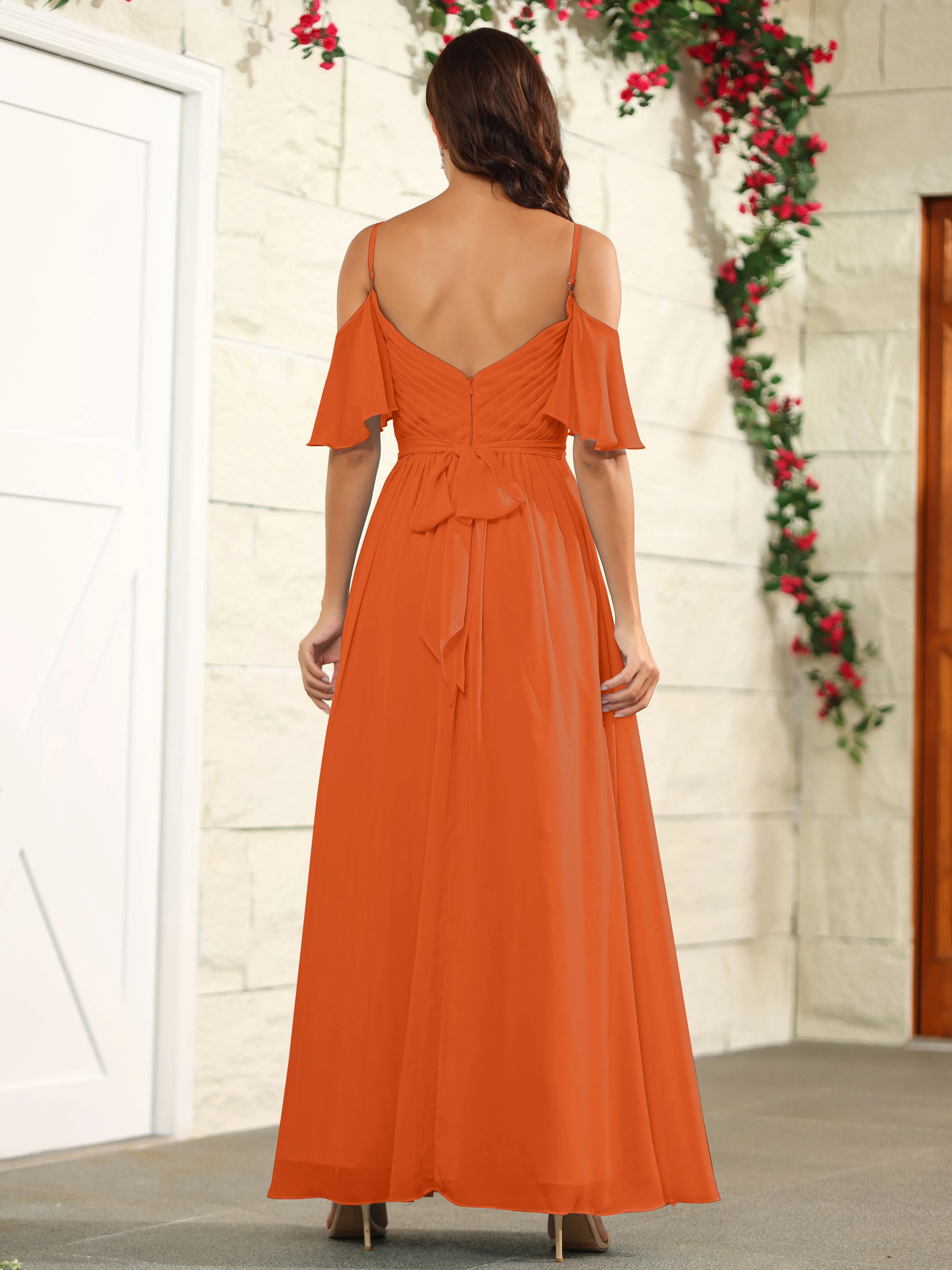 A Line Off The Shoulder Chiffon Long Bridesmaid Dress with Slit