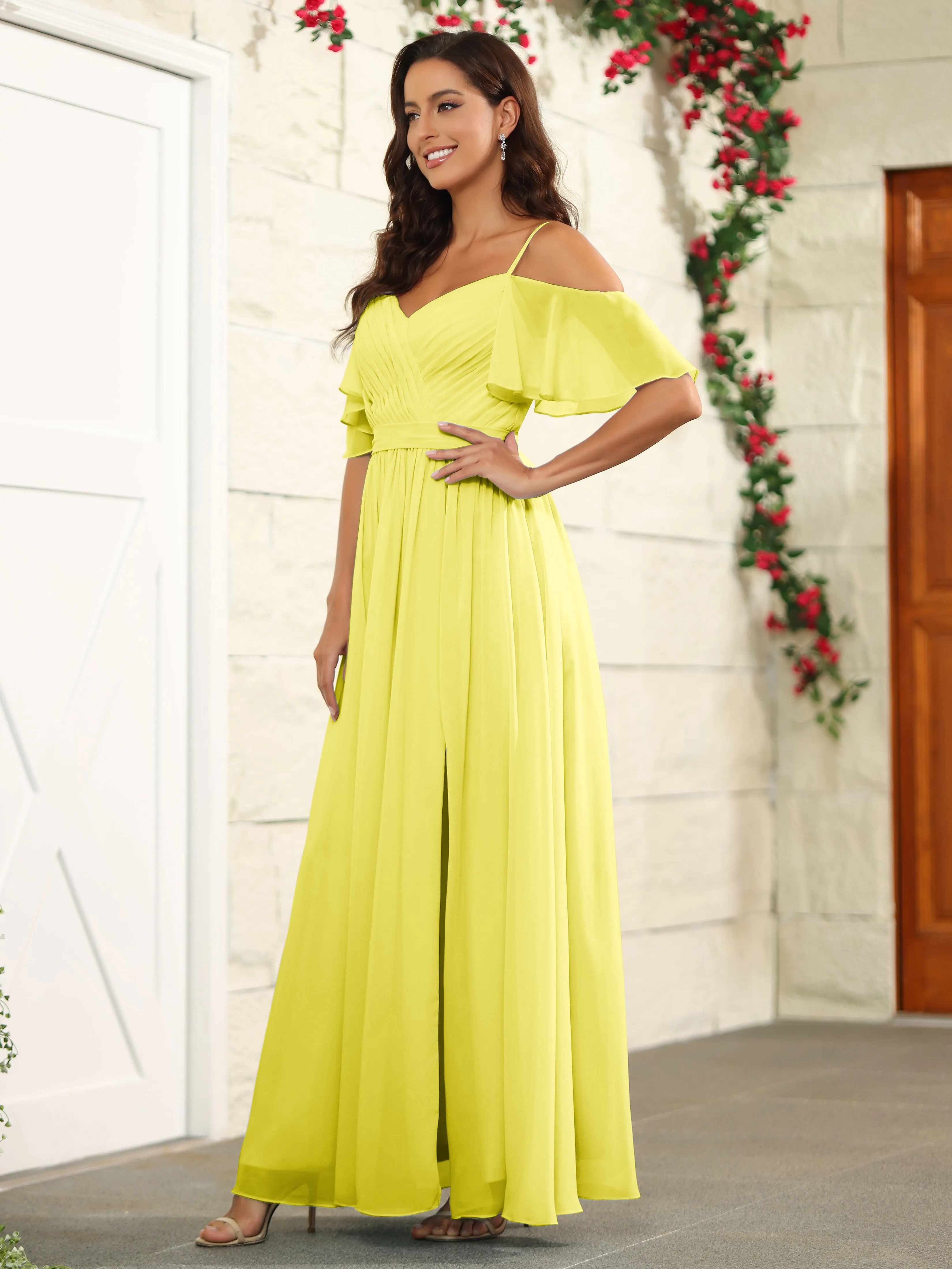 A Line Off The Shoulder Chiffon Long Bridesmaid Dress with Slit
