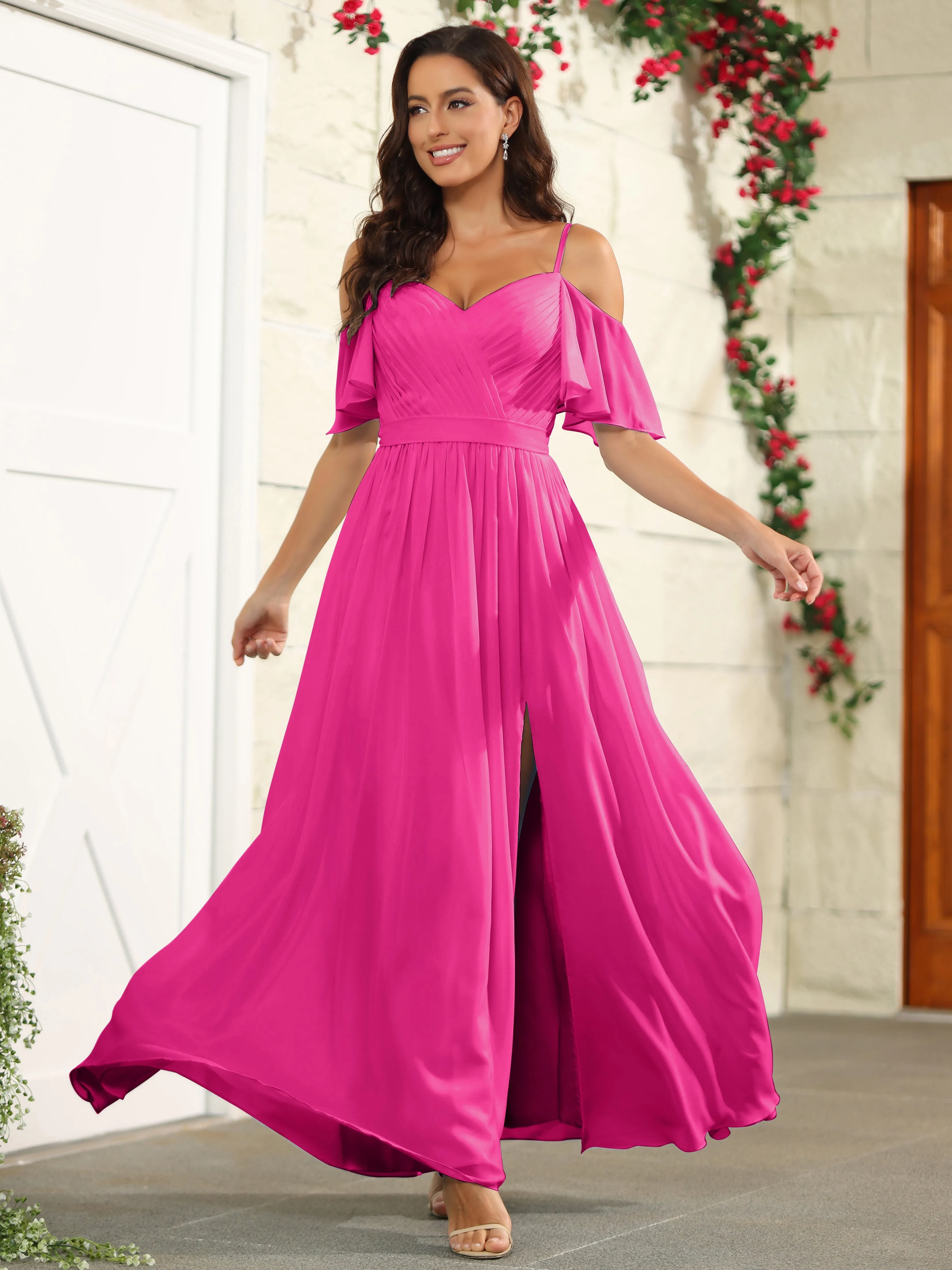 A Line Off The Shoulder Chiffon Long Bridesmaid Dress with Slit