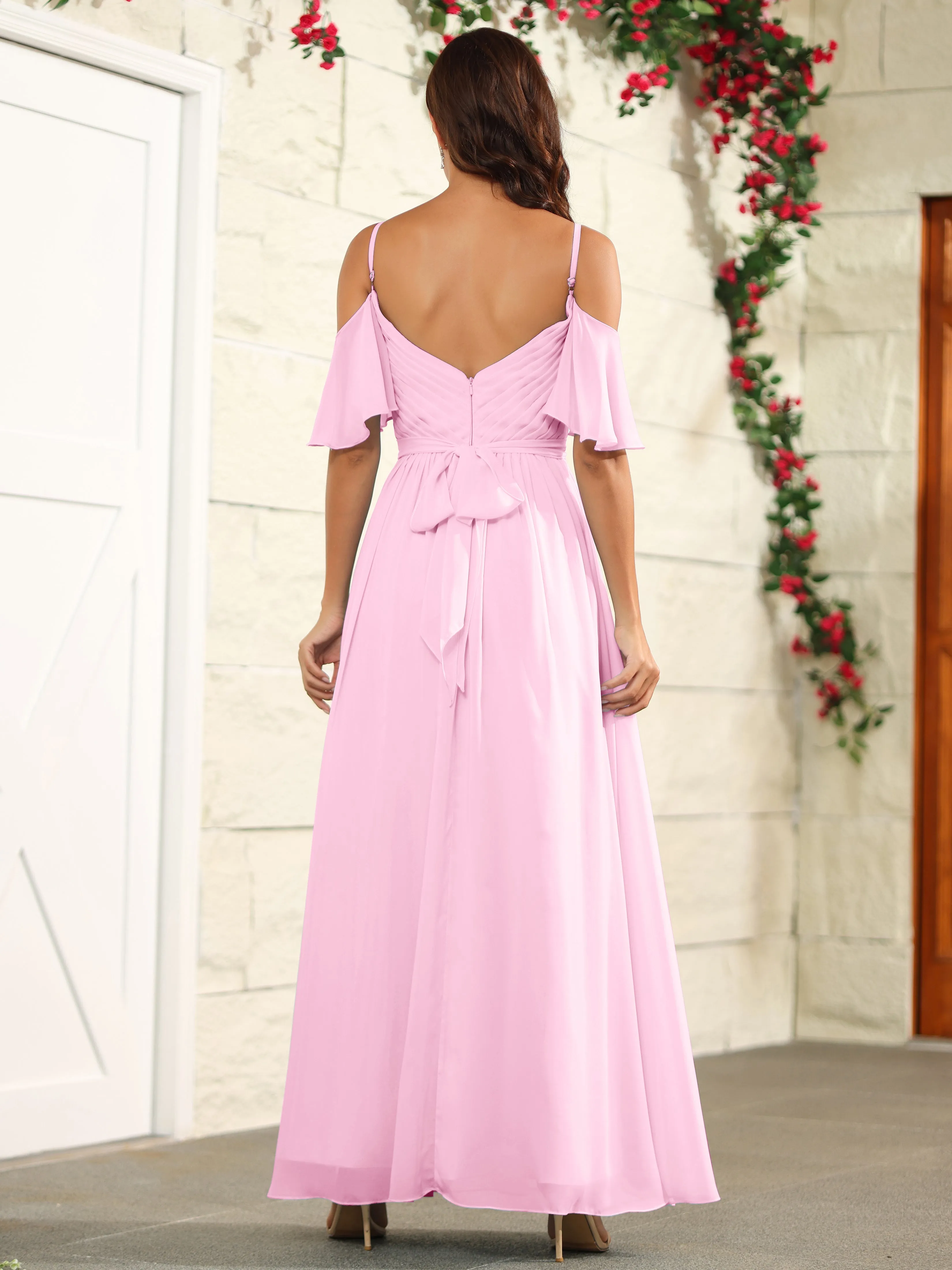A Line Off The Shoulder Chiffon Long Bridesmaid Dress with Slit