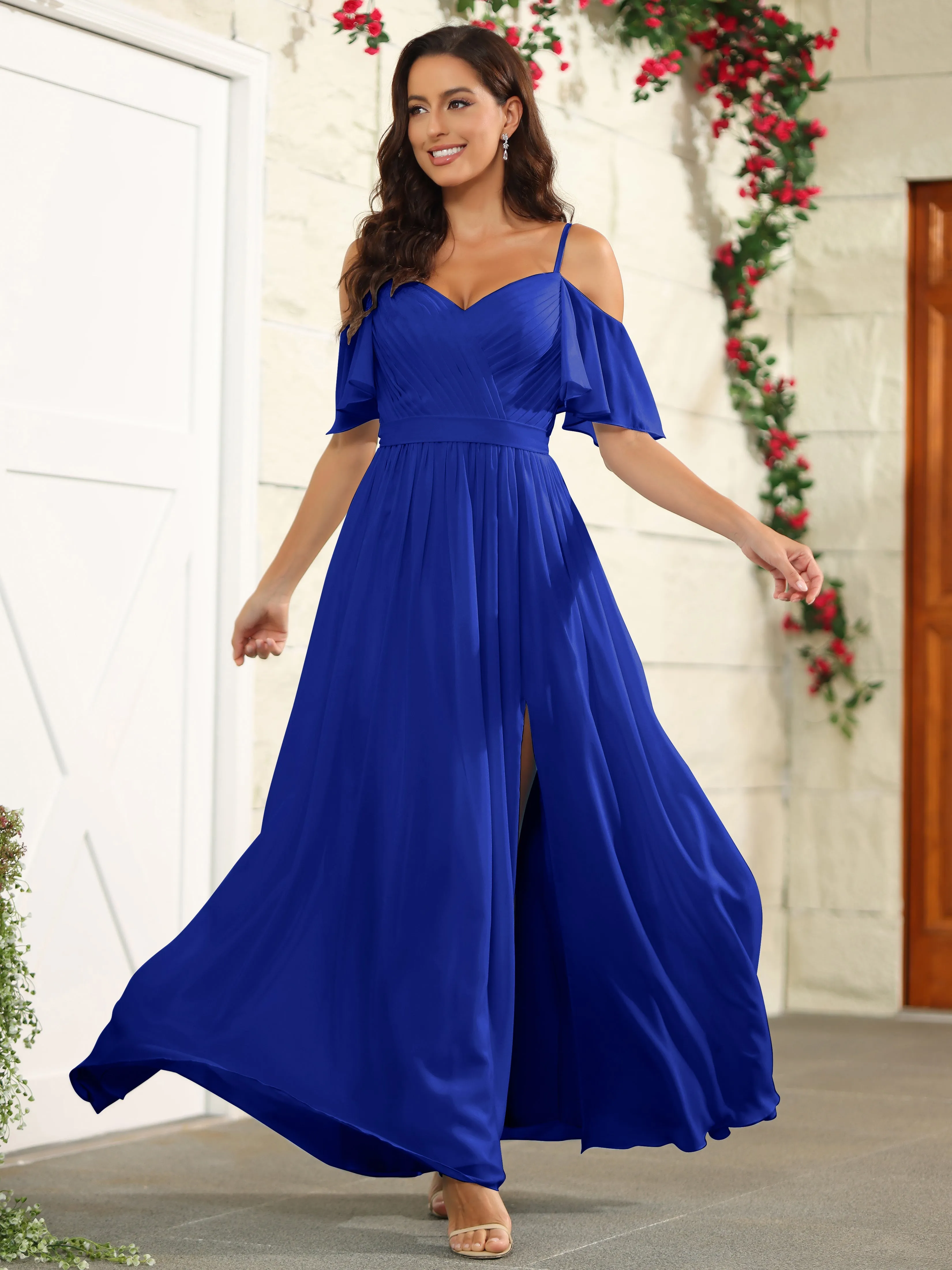 A Line Off The Shoulder Chiffon Long Bridesmaid Dress with Slit